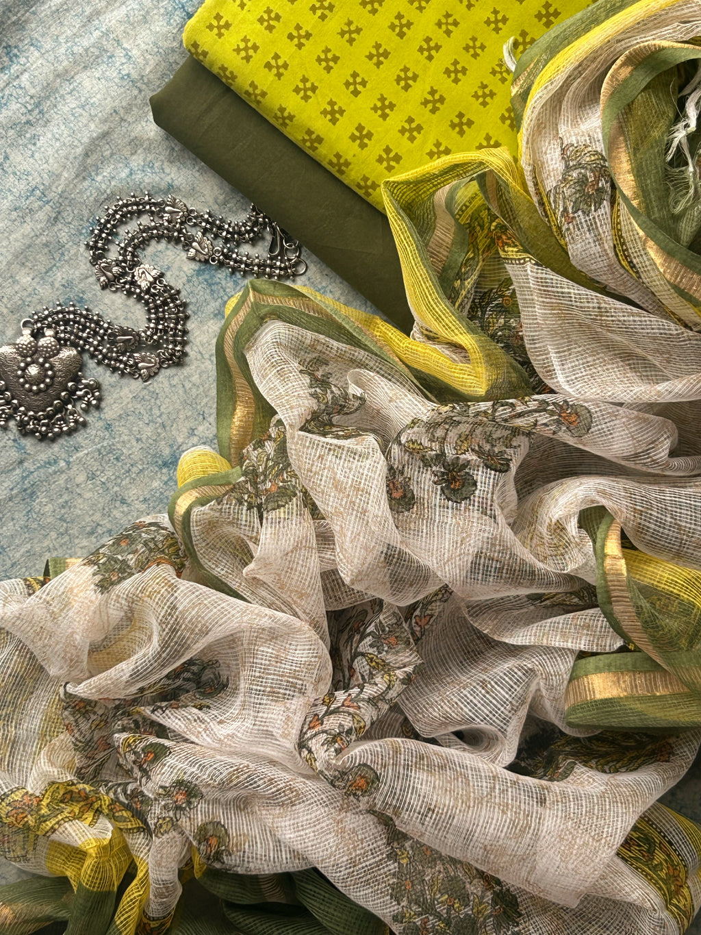 Handcrafted Cotton Suit Set - Lime and Moss Green