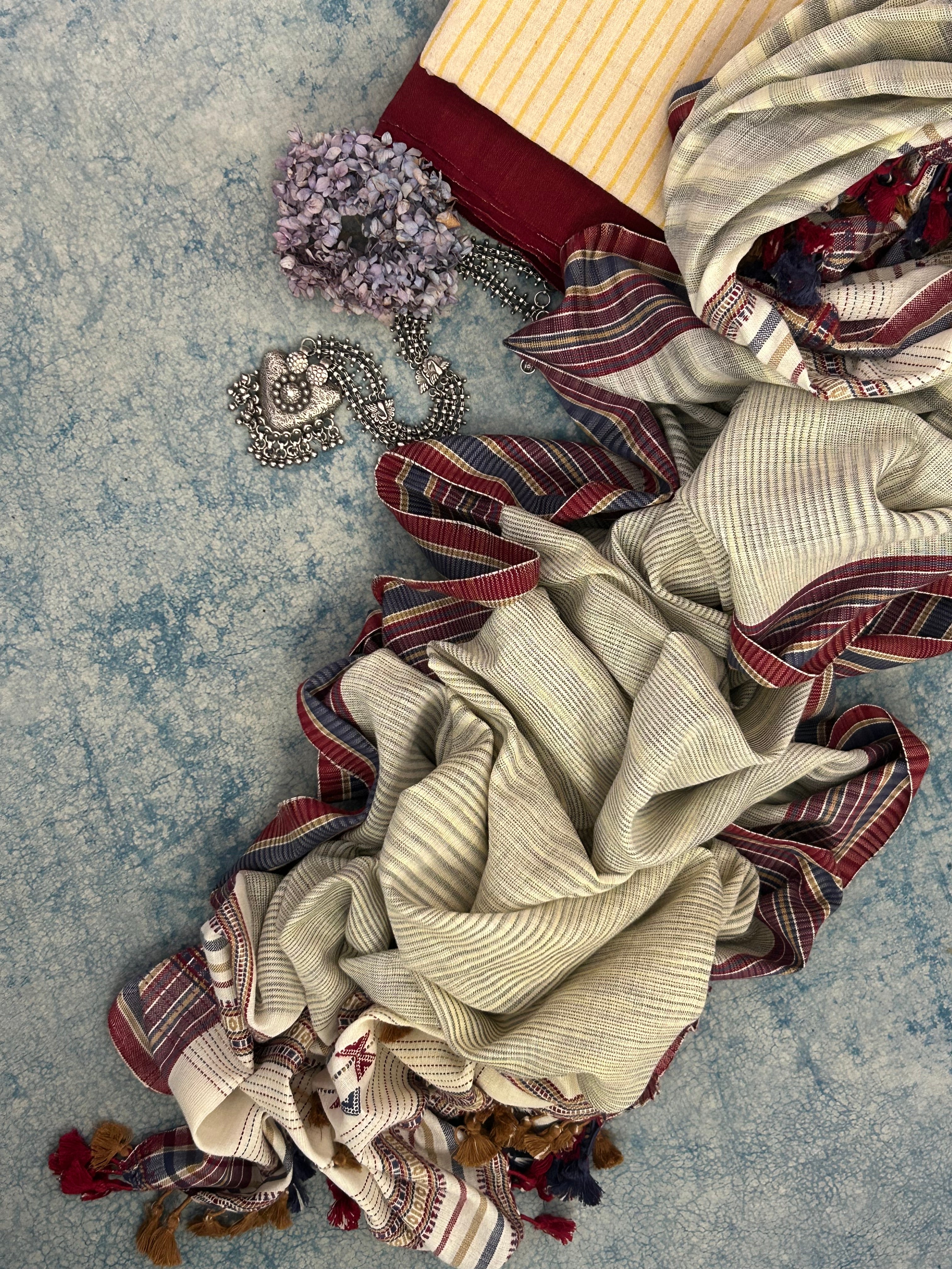 Handwoven Bhujodi and Kotpad Set - Ivory, Yellow and Maroon