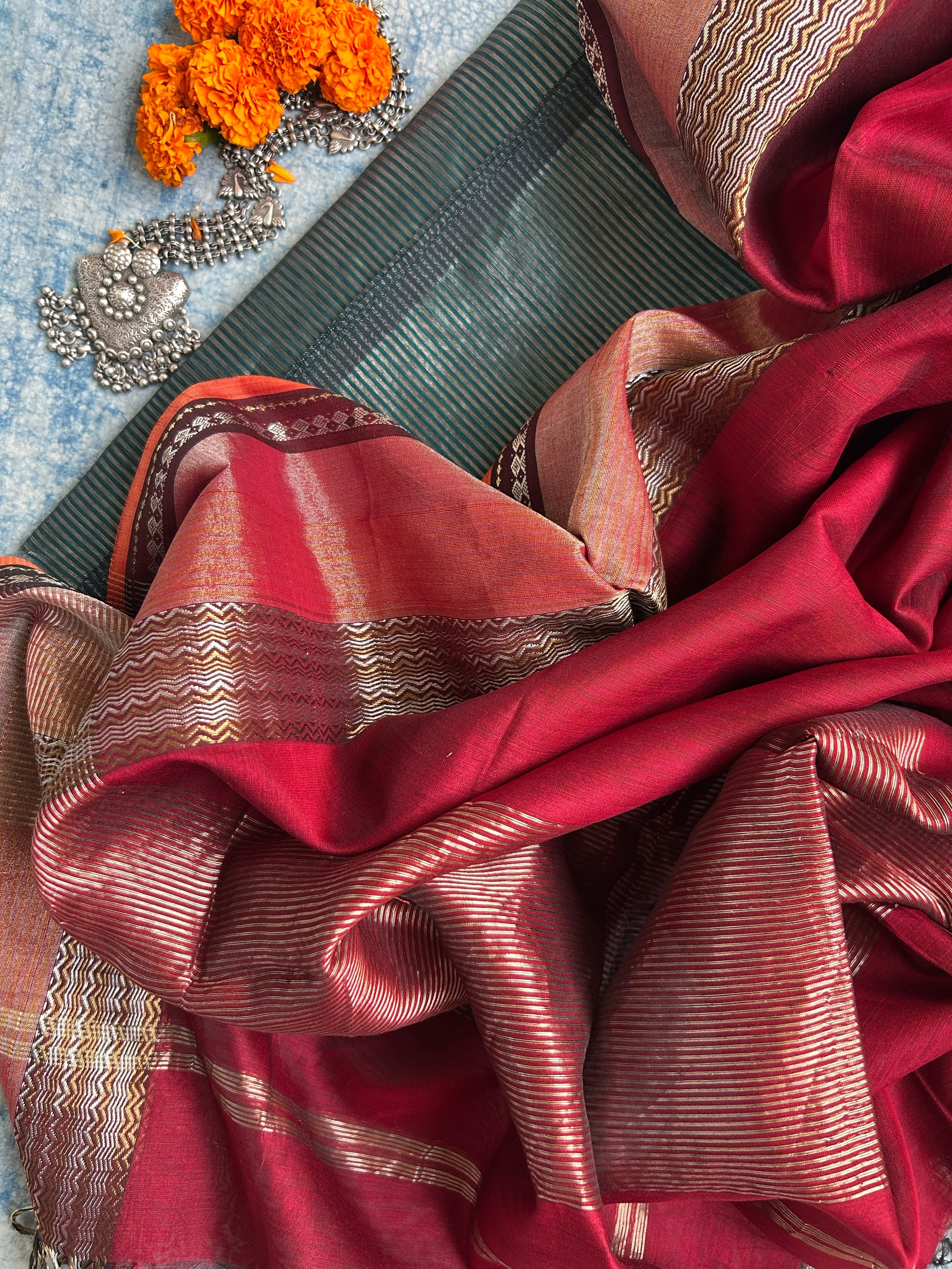 Handwoven Maheshwari Kurta Dupatta Set - Turquoise Green & Maroon