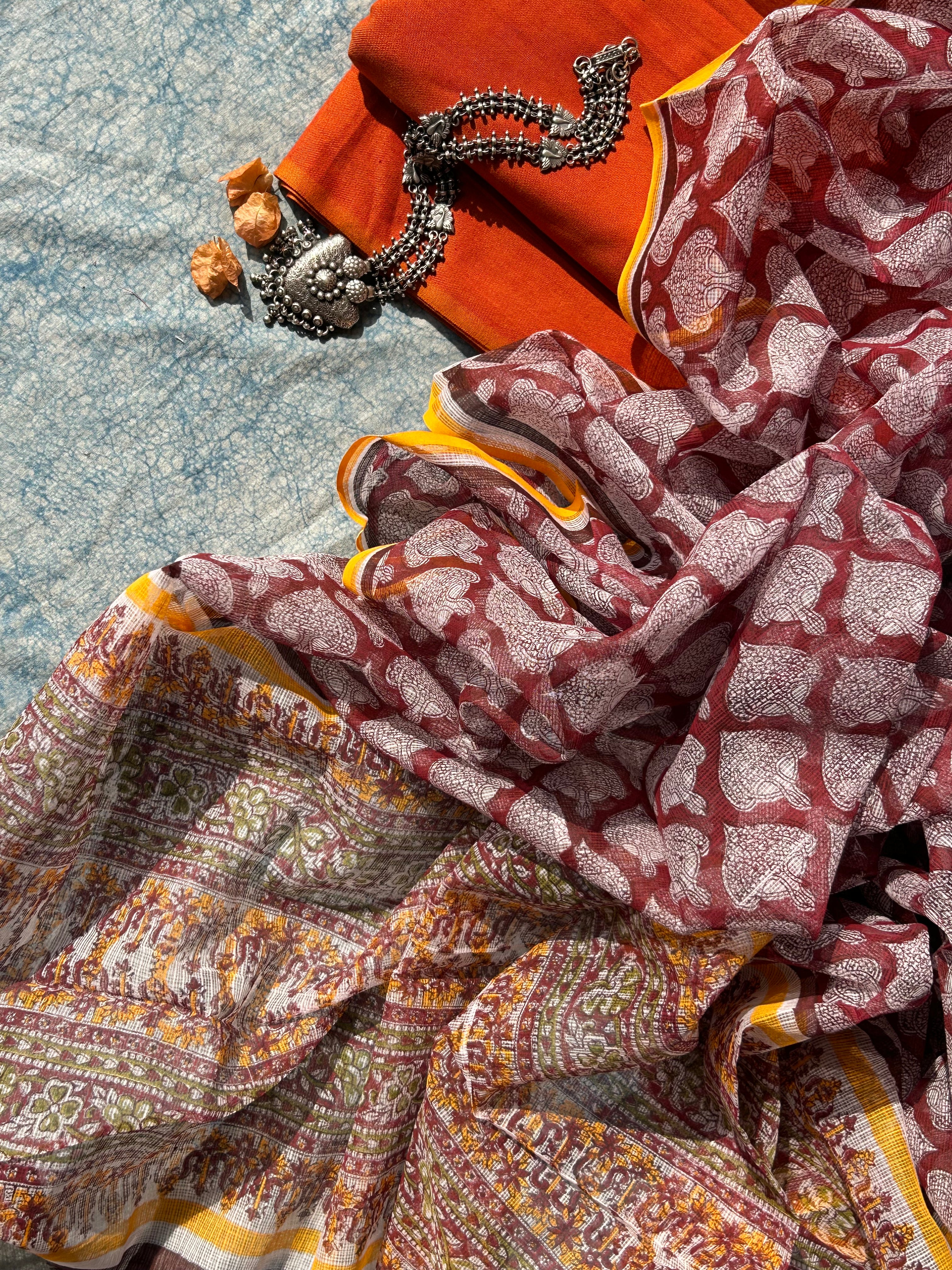 Handwoven Handblock Printed Set - Sunset Orange