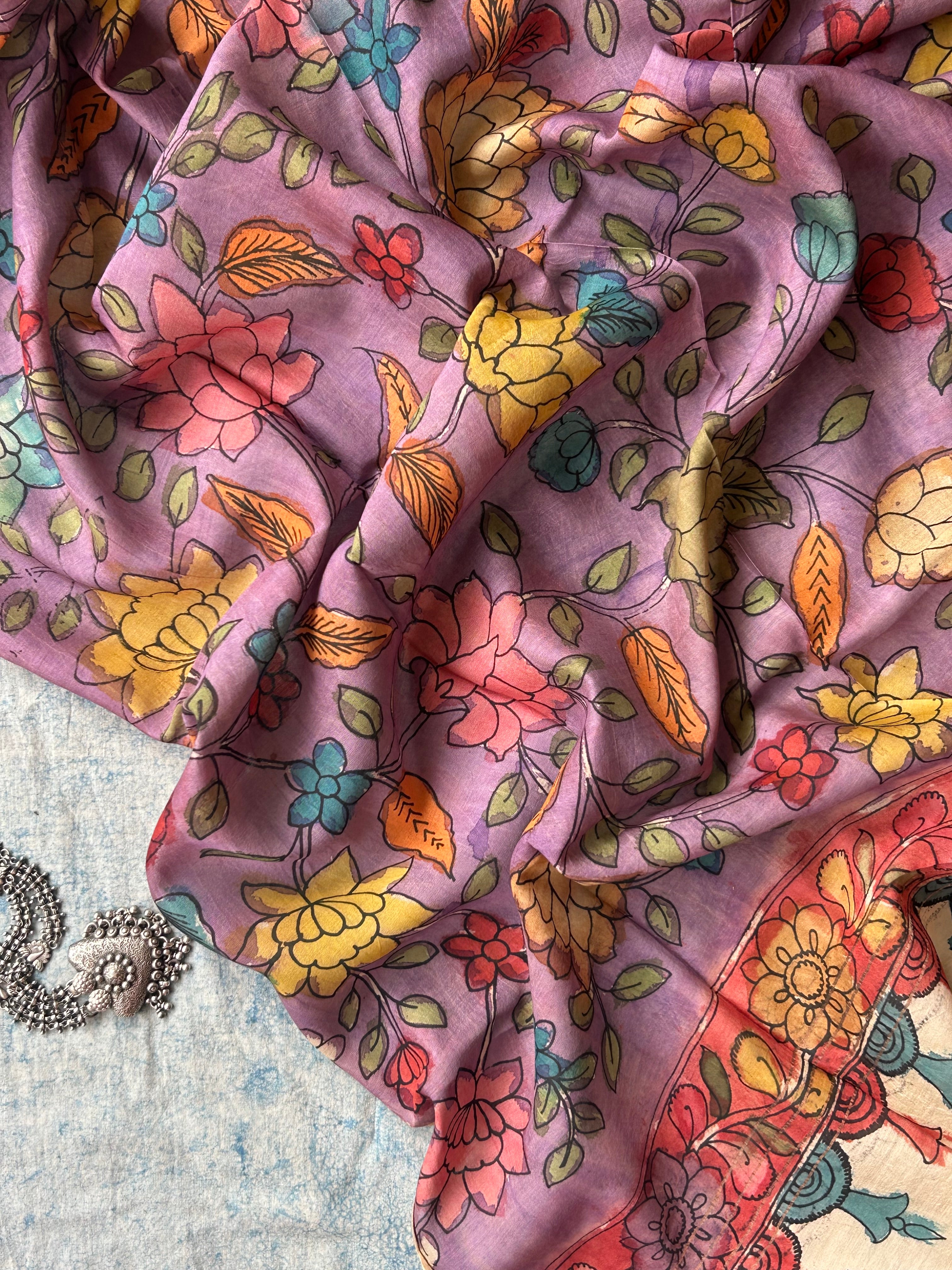 Mayurpankhi -Handwoven Hand-drawn Handpainted Pen Kalamkari Dupatta