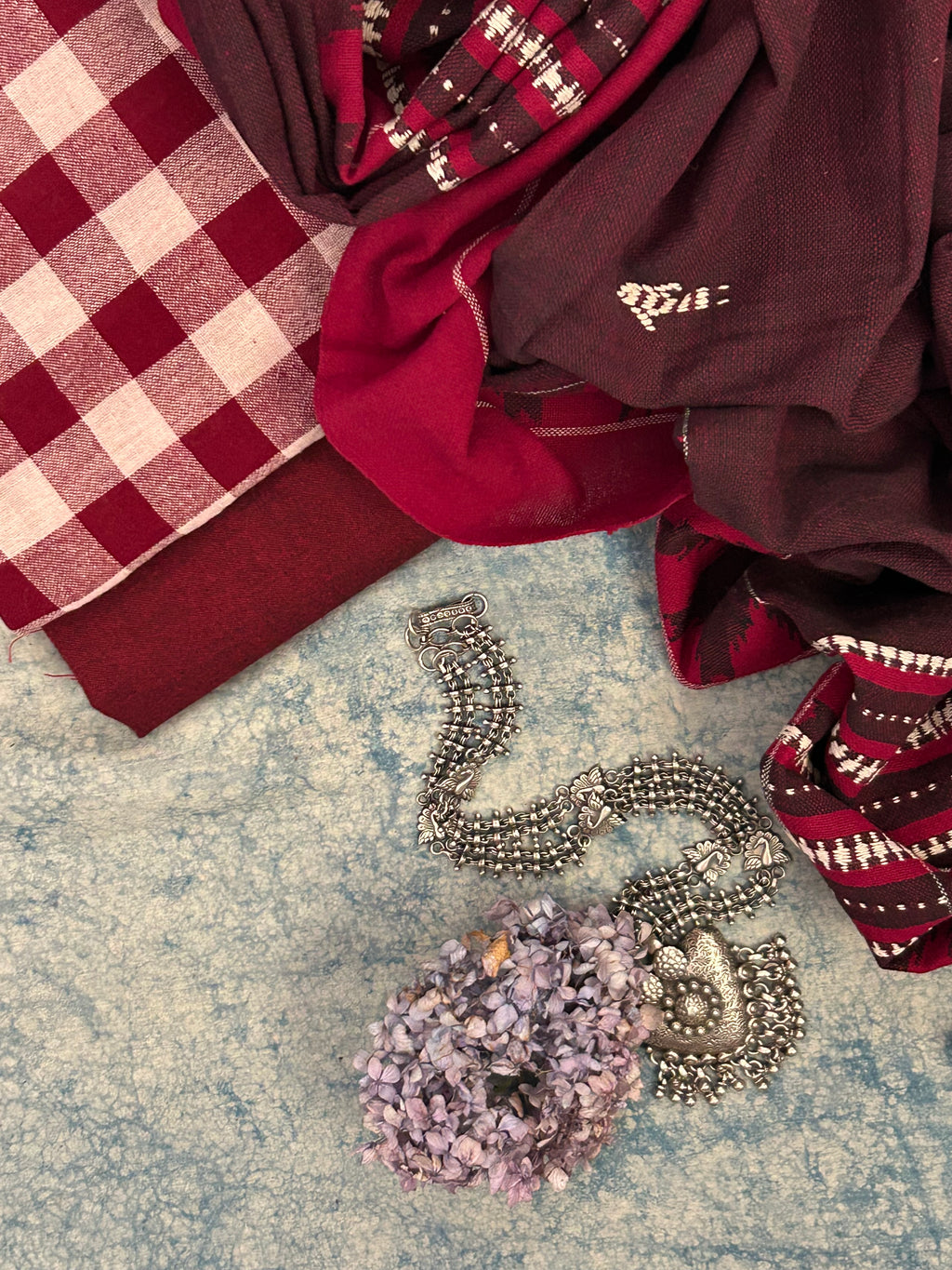 Handspun Handwoven Kotpad Suit Set - Maroon Checks