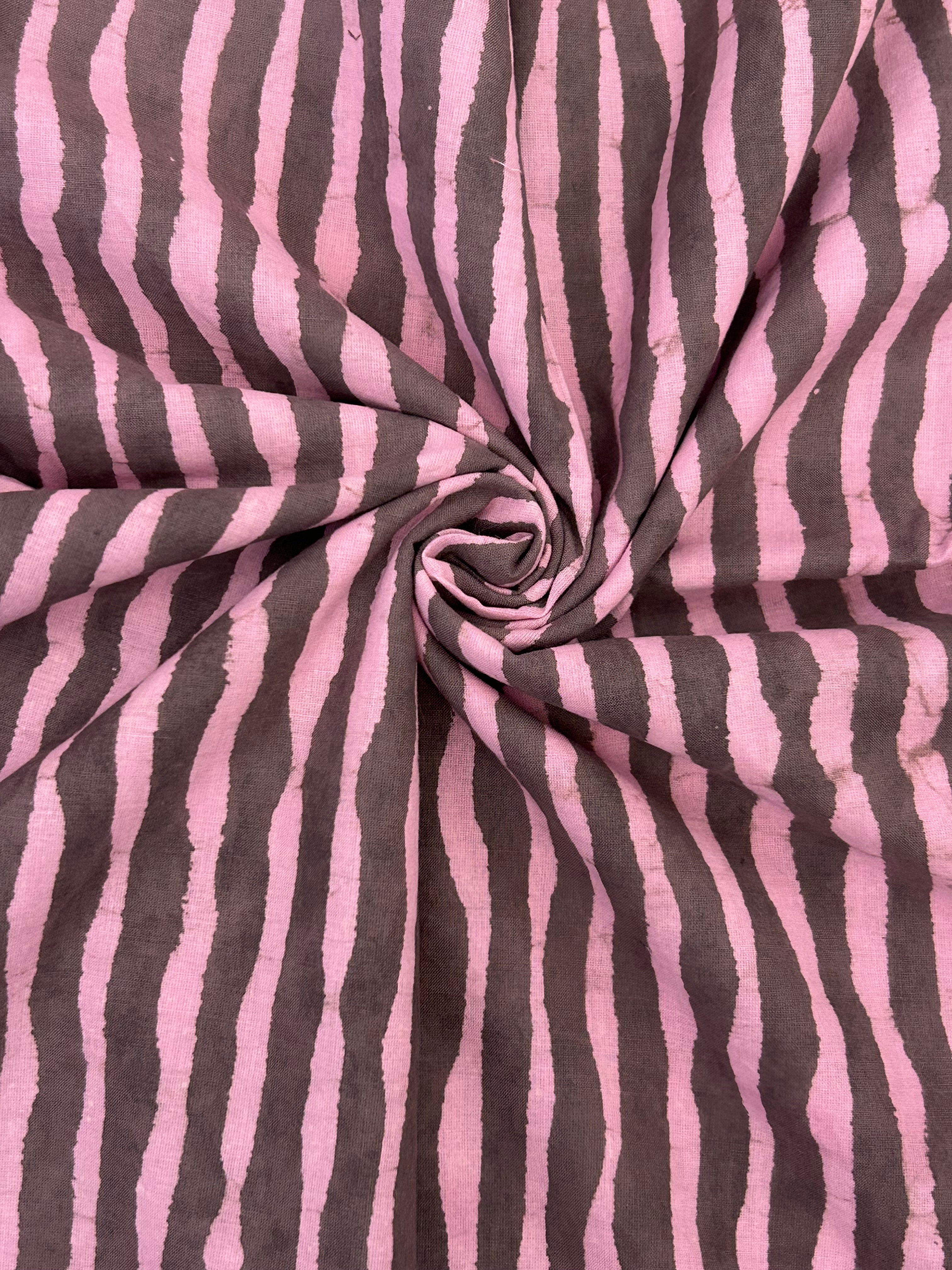 Handblock Printed Azofree dye cotton - Pink & Ash Grey Stripes
