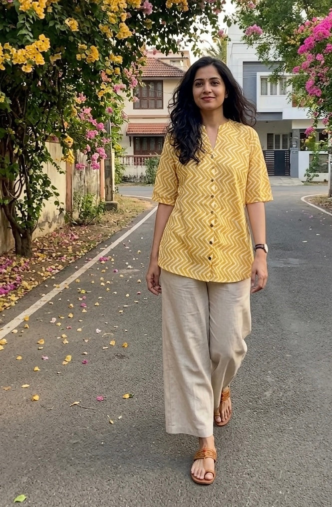 Handblock Cotton Anti Fit Shirt - Chevron Yellow