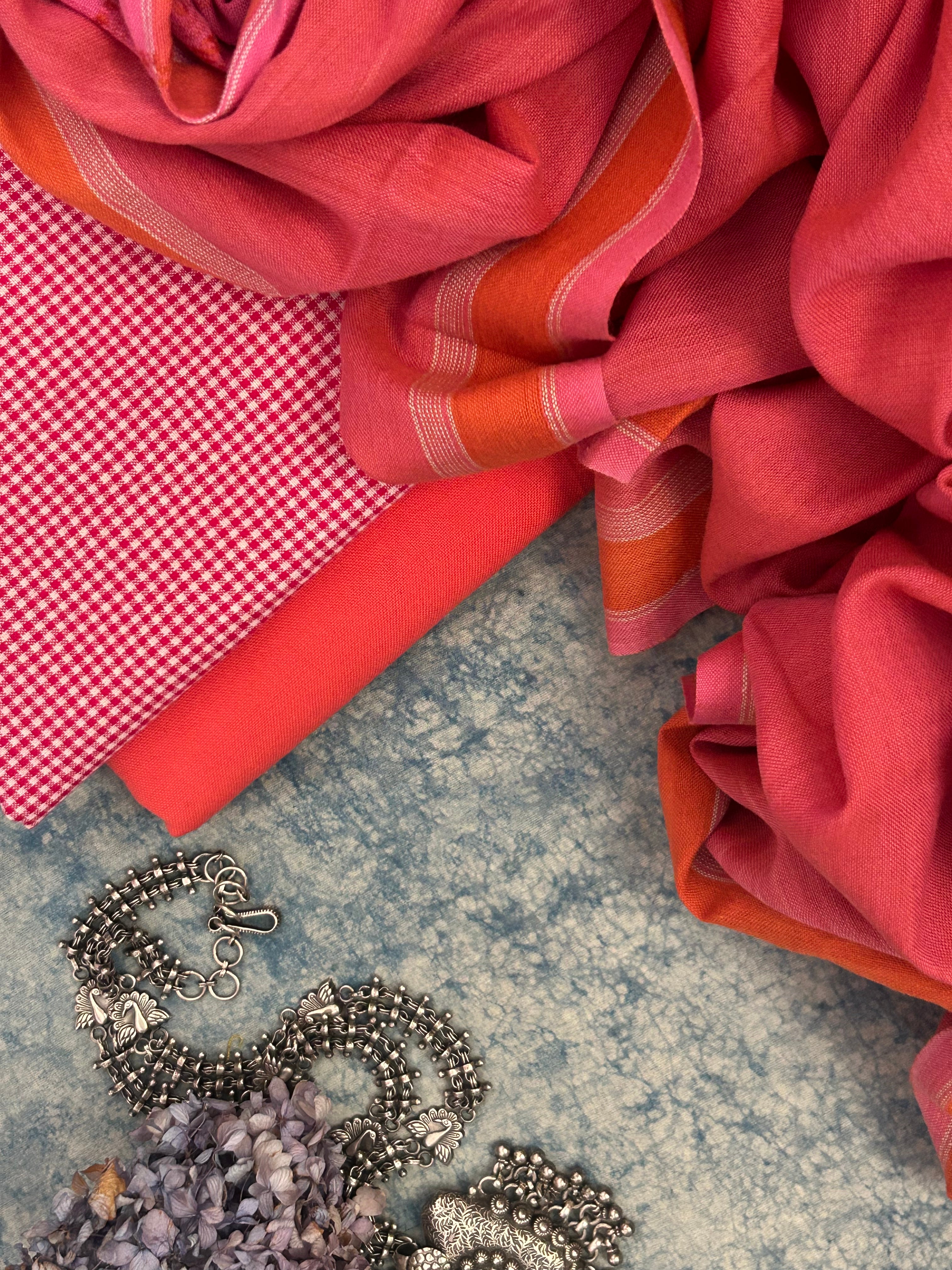 Handwoven Bhujodi Set - Pink and Peach Orange