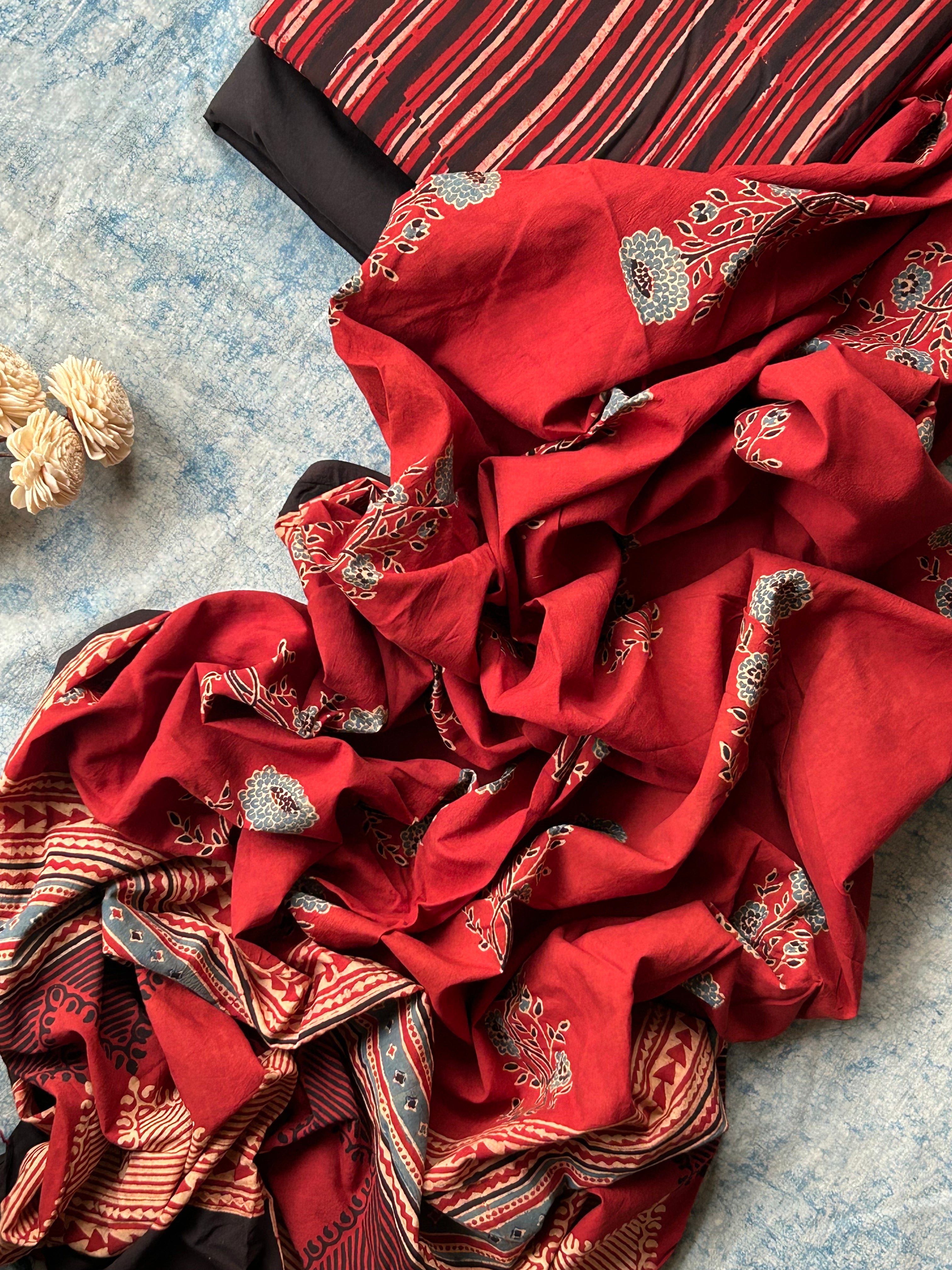 Dhara - Handblock Printed Cotton and Ajrakh Dupatta Set