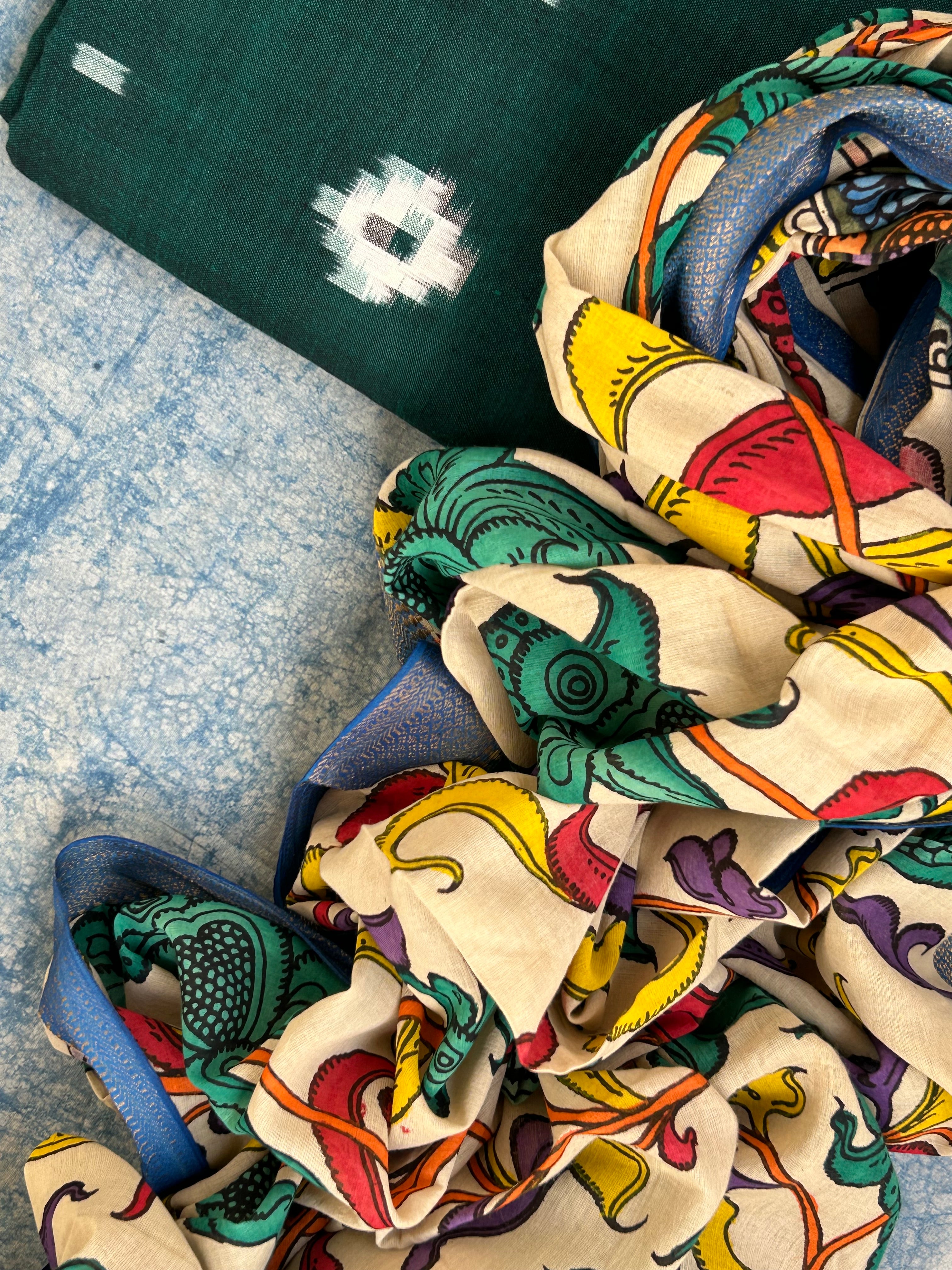 Handwoven Handcrafted Kalamkari Double Ikat Kurta Dupatta Set