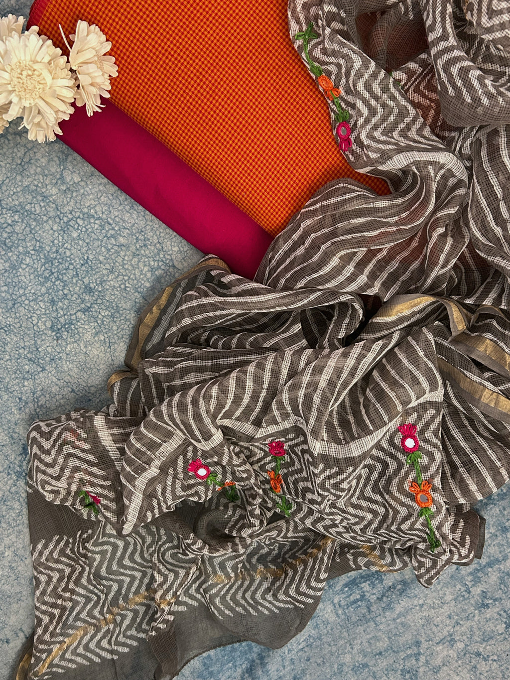 Handwoven Cotton Hand Embroidered Kota Dupatta Set -The Sunset Hues
