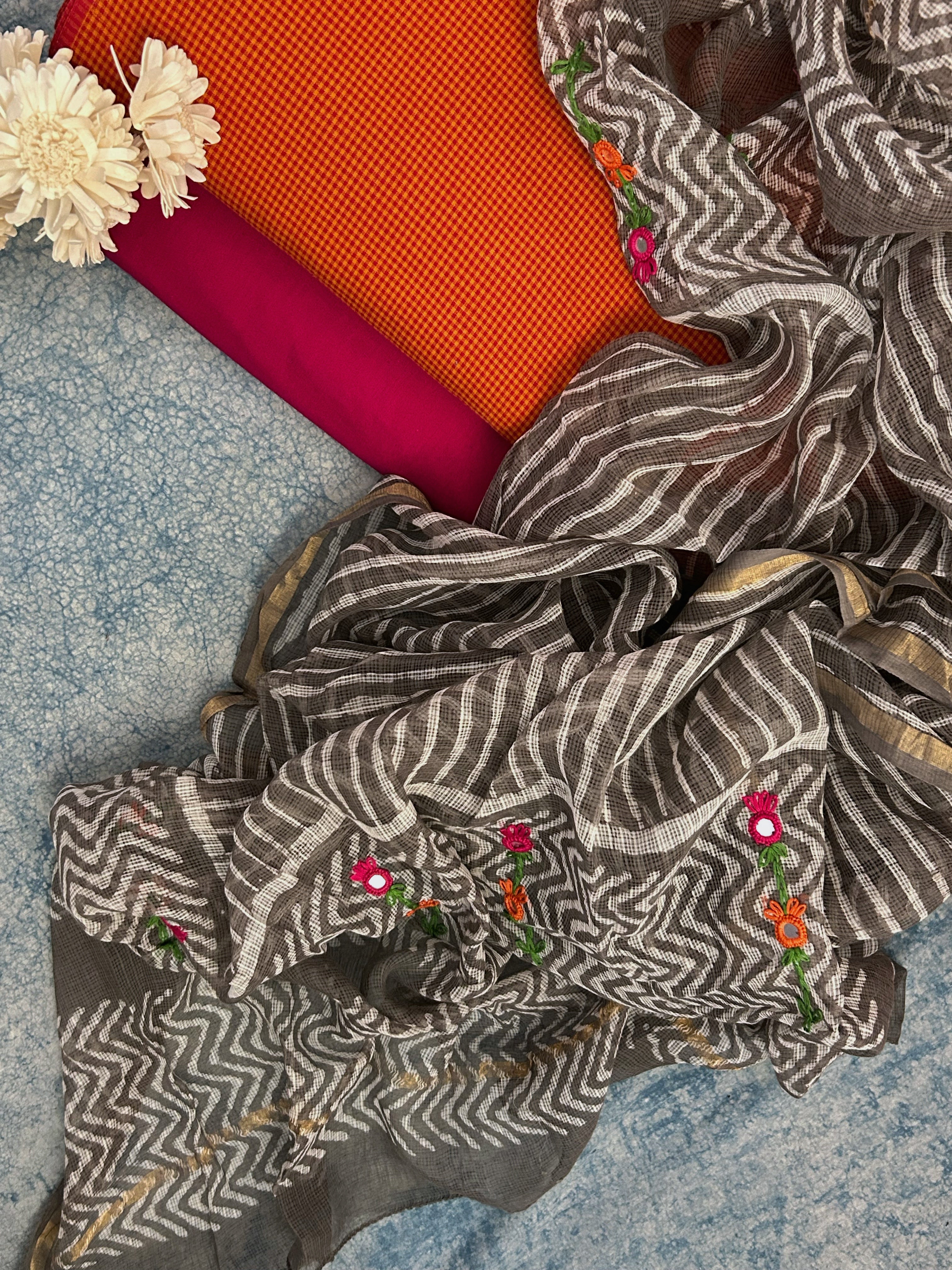 Handwoven Cotton Hand Embroidered Kota Dupatta Set -The Sunset Hues