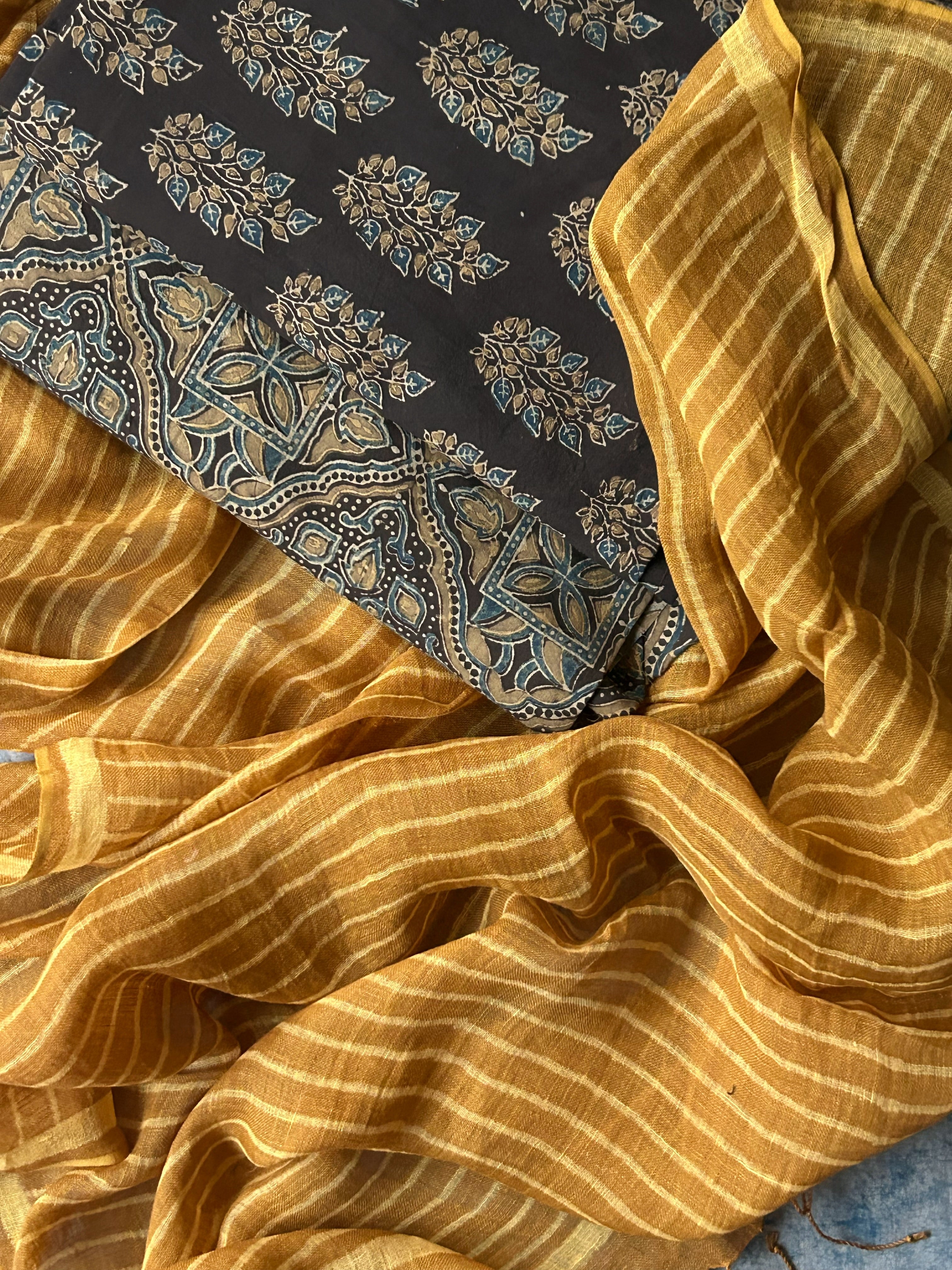 Dhara - Natural Dyes Handblock Ajrakh Cotton and Linen Dupatta Set