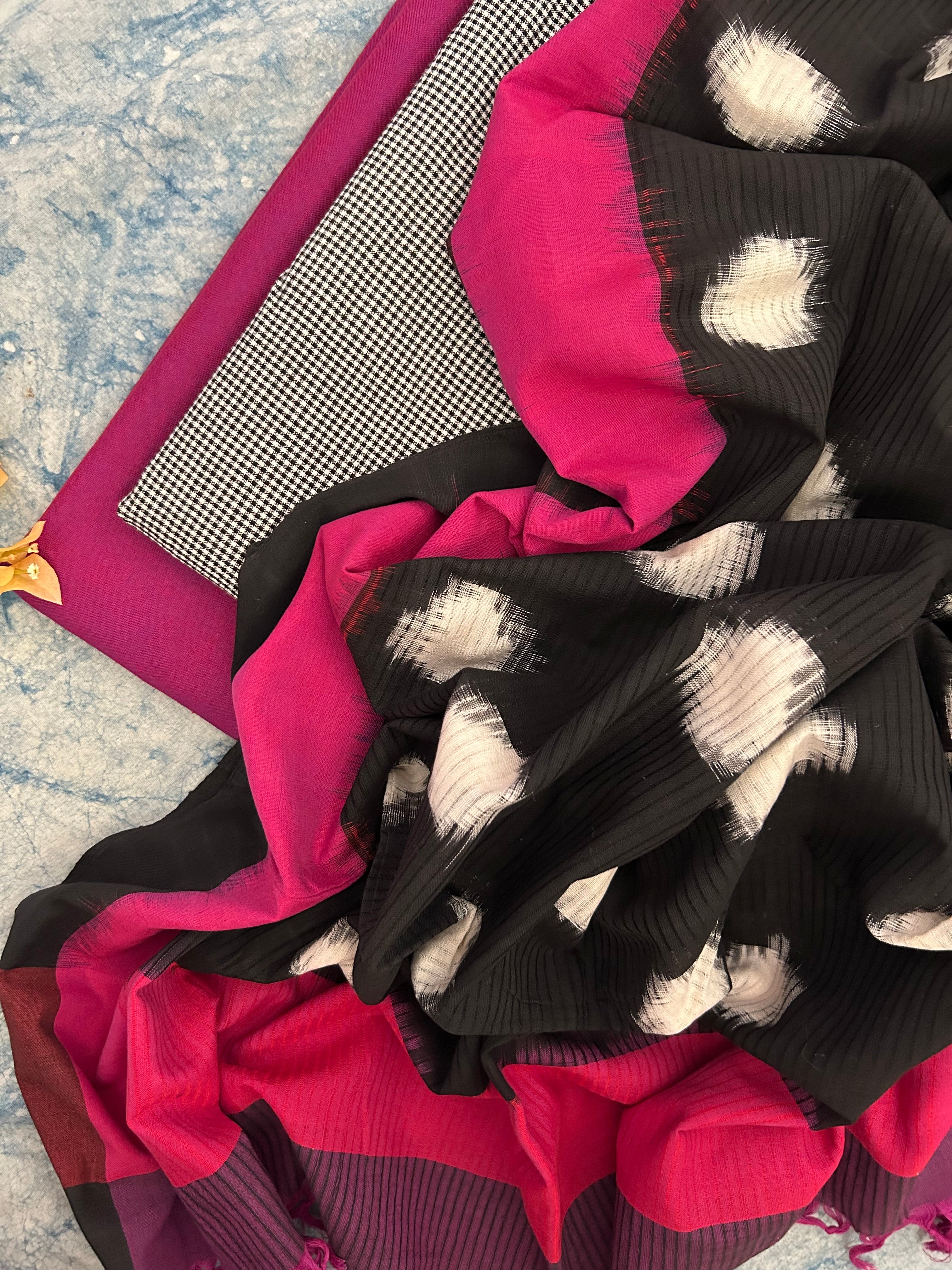 Handwoven Ikat Kurta Dupatta Set- Black and deep Purple