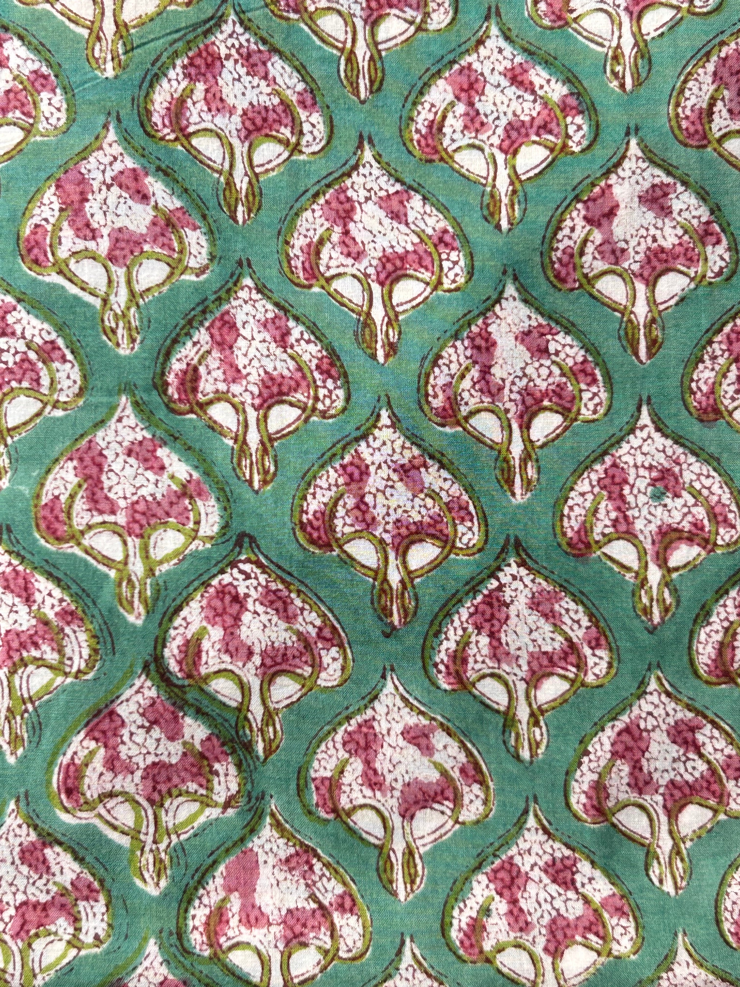 Handblock  Cotton Fabric -  Sea Green Mughal Butta