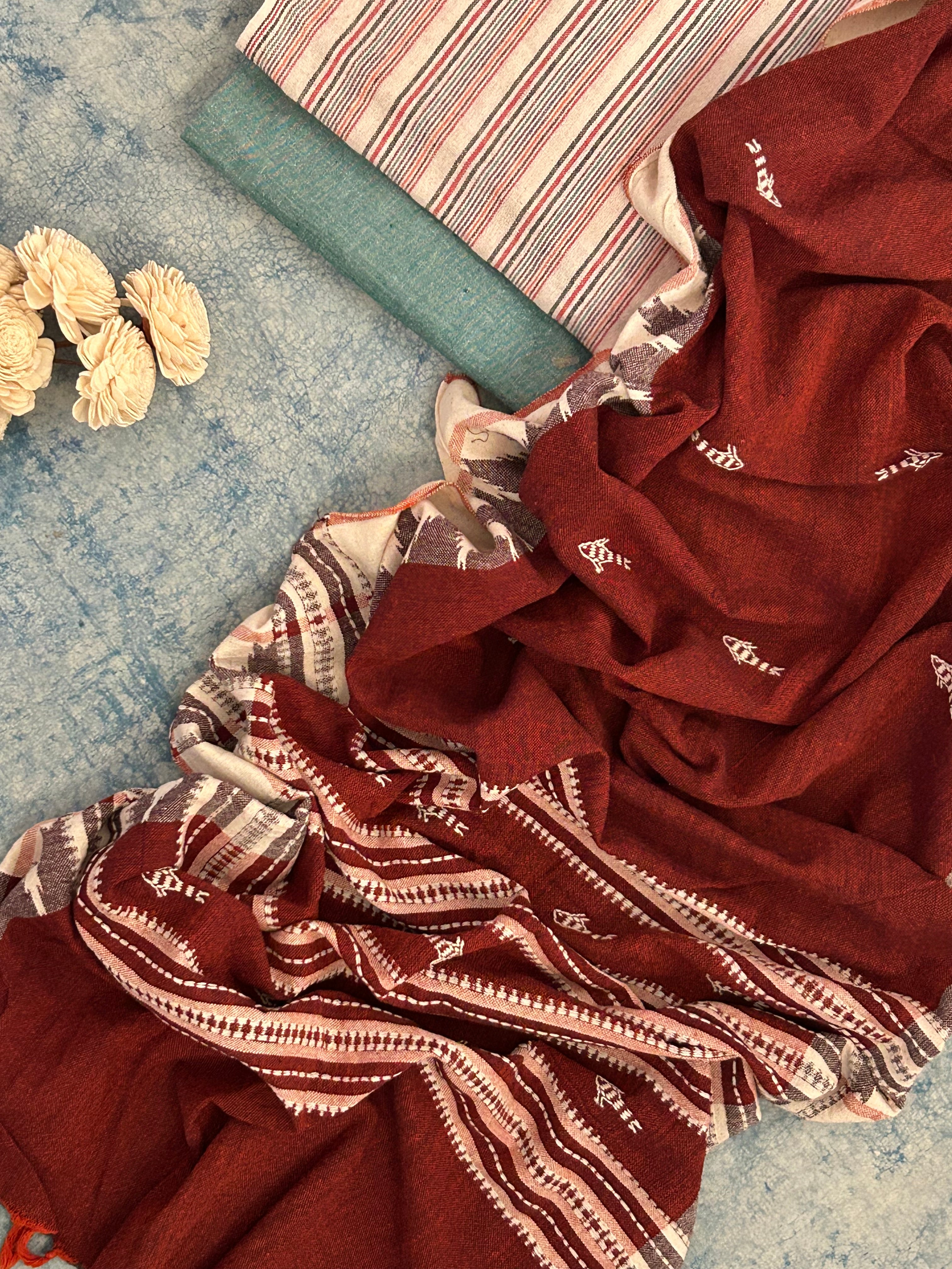 Handspun Handwoven Kotpad Suit Set - Ivory Multi Colour Stripes