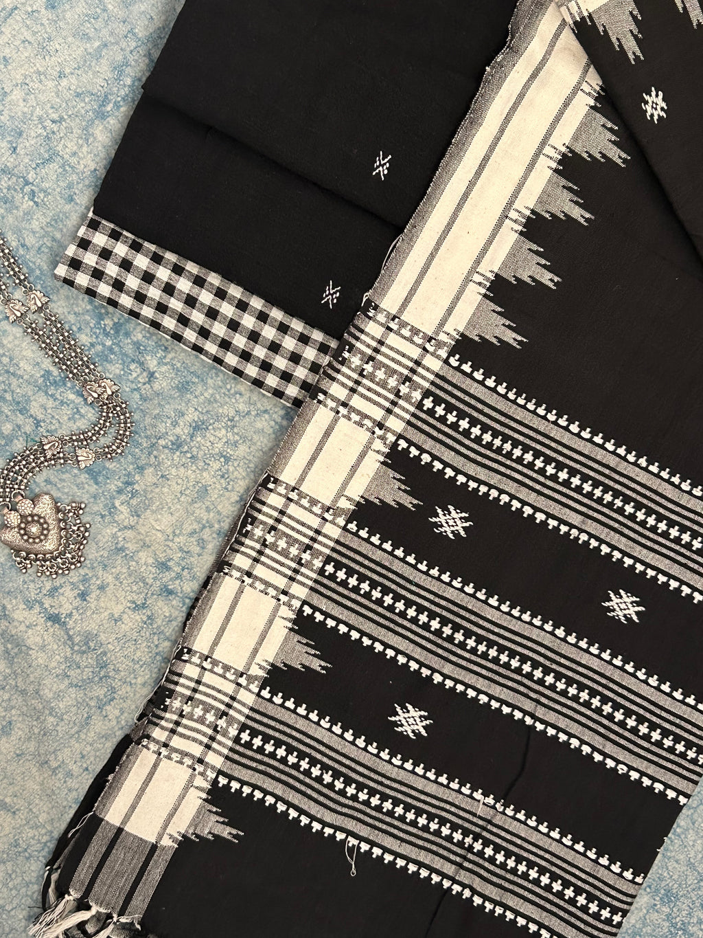 Handspun Handwoven Kotpad Suit Set -Black Butti & Checkered