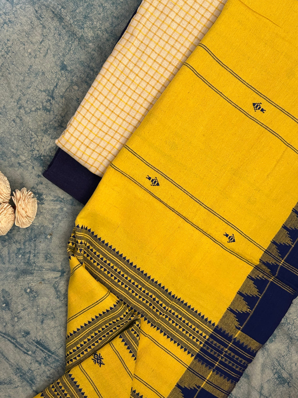 Handspun Handwoven Kotpad Suit Set - Checkered Yellow & Blue