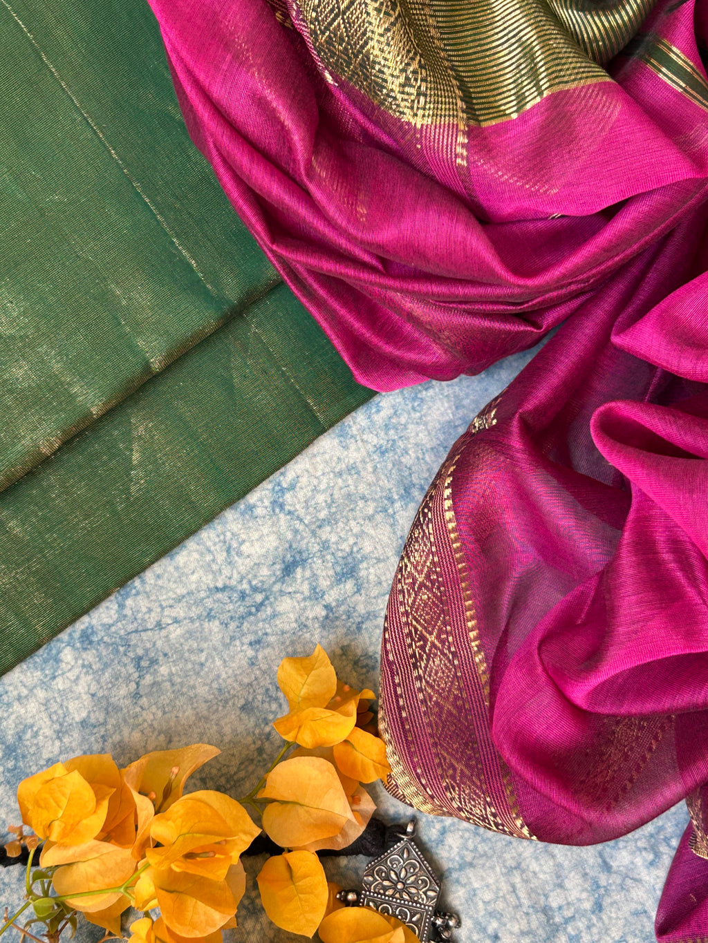 Handwoven Maheshwari Kurta Dupatta Set - Green and Pink