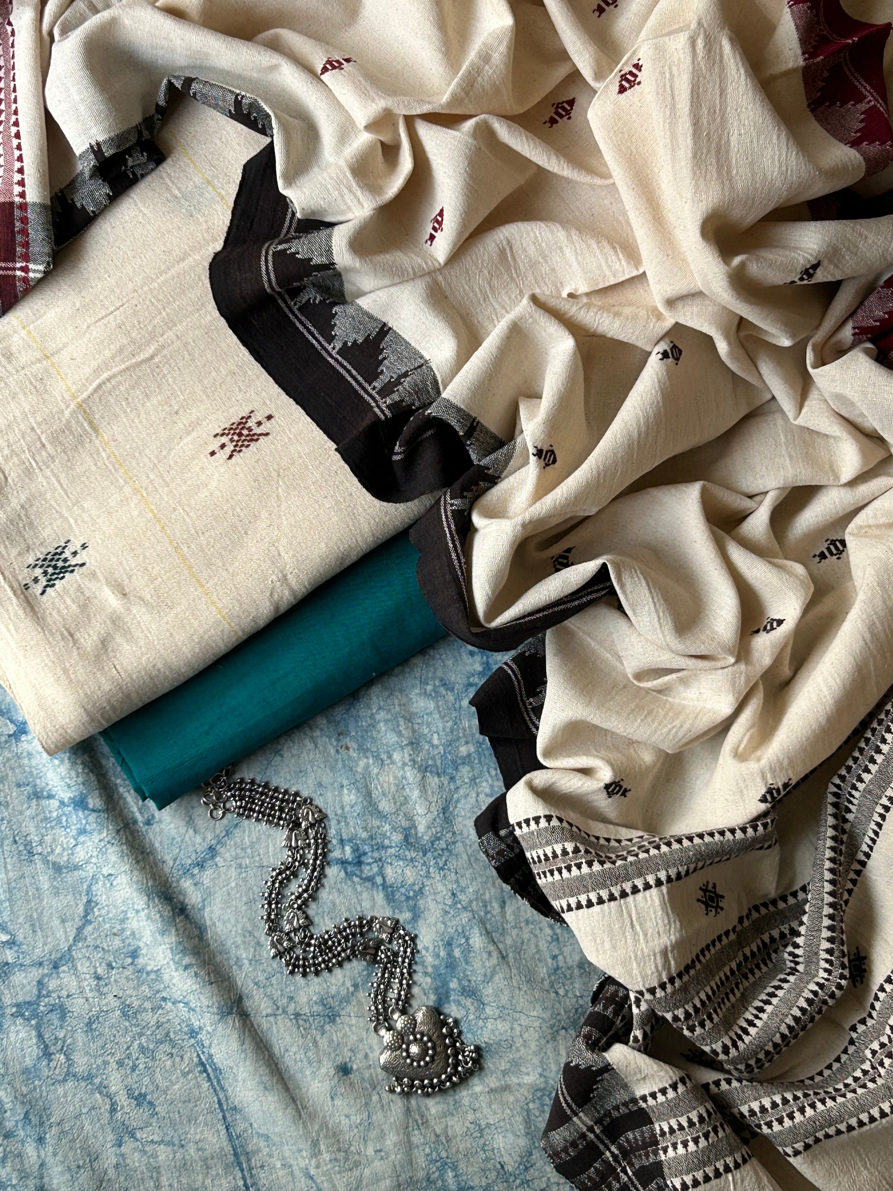 Handspun Handwoven Kotpad Suit Set - Ivory Multi Colour Butti