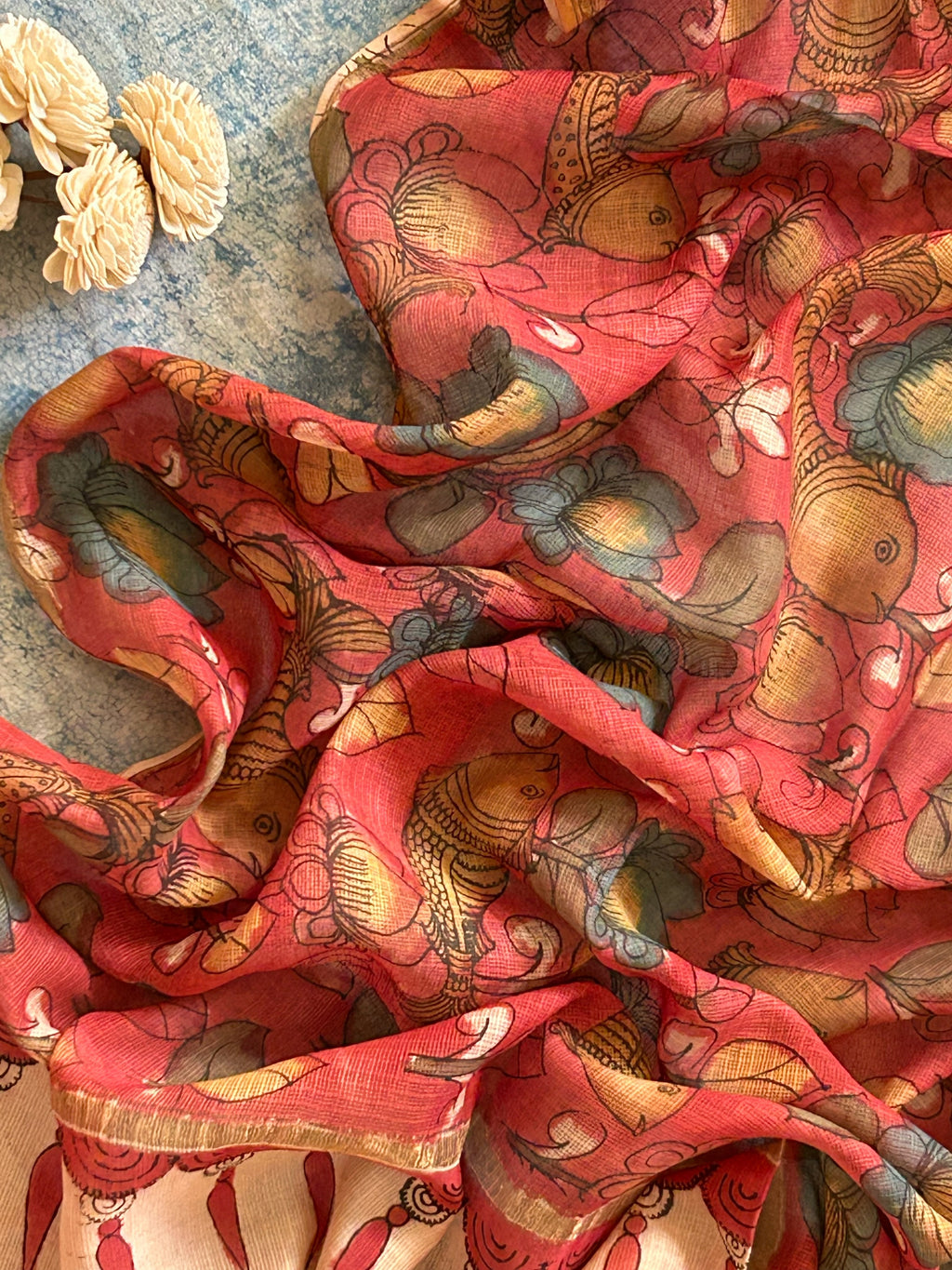 Gayatri - Manjari -Handwoven Hand-drawn Handpainted Pen Kalamkari Dupatta