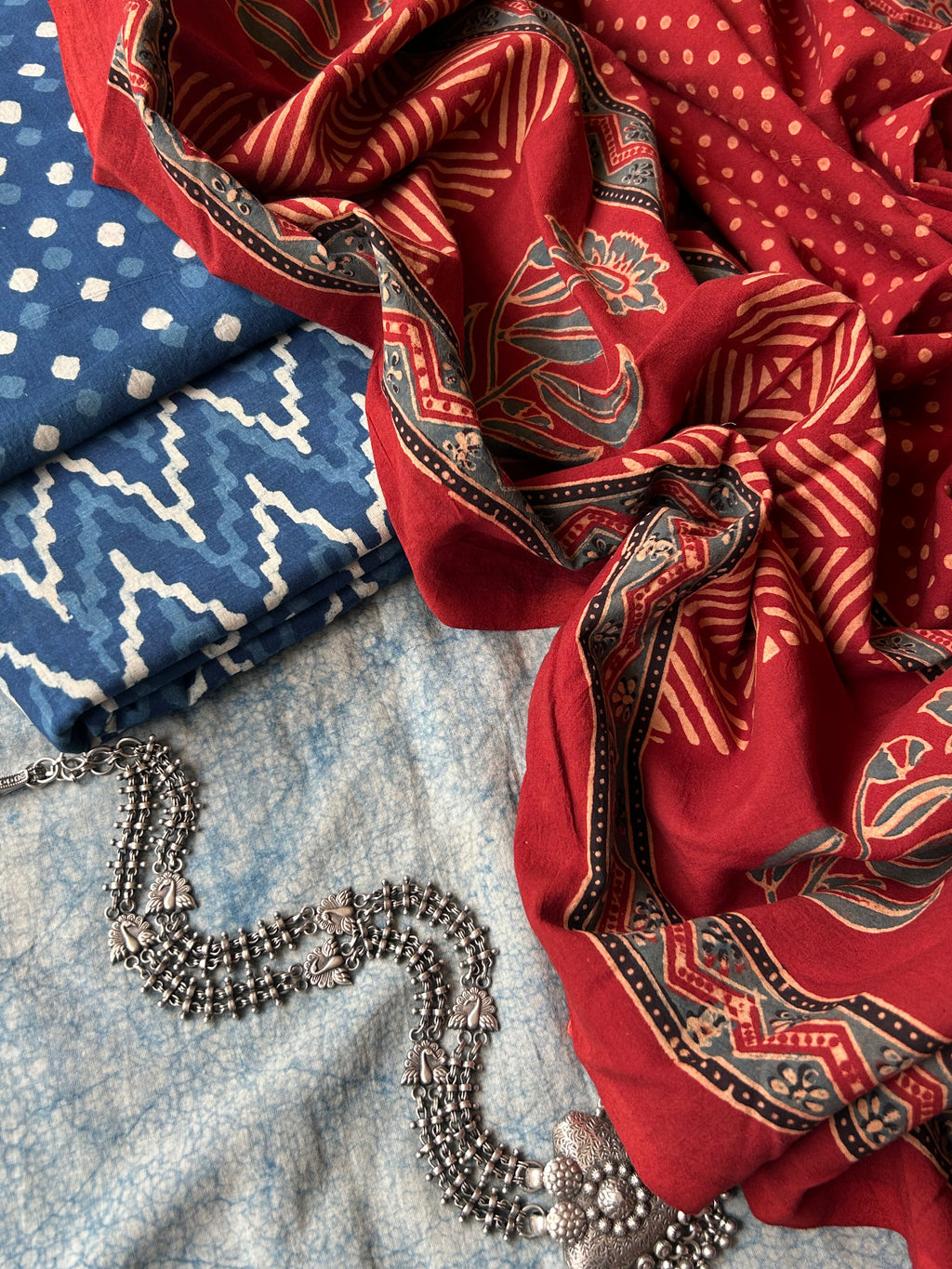 Daboo and Ajrakh Handblock Printed Set - Indigo and Madder Red