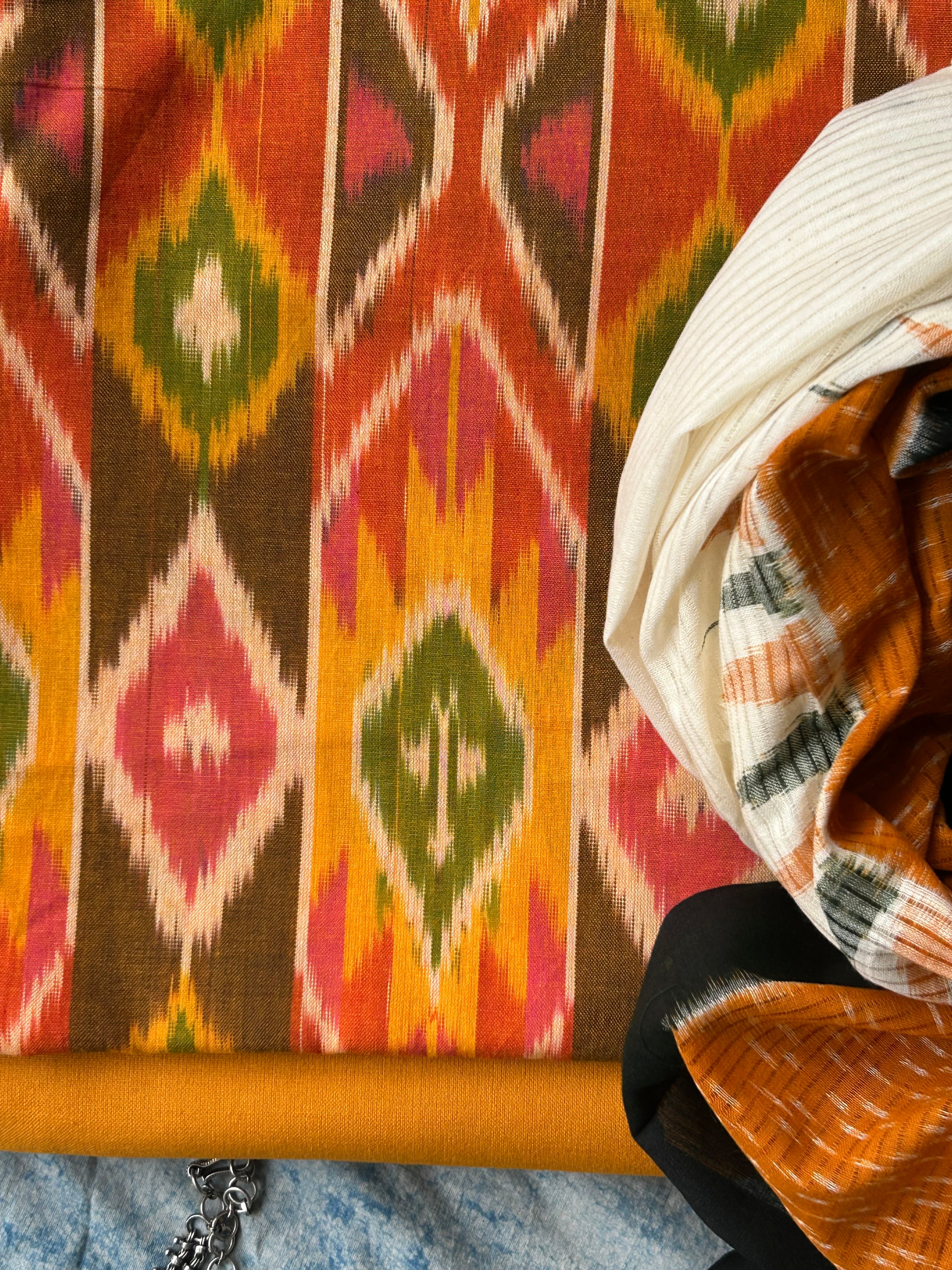 Kesariya - Handwoven Central Asian Pochampally  Ikath Kurta Dupatta Set