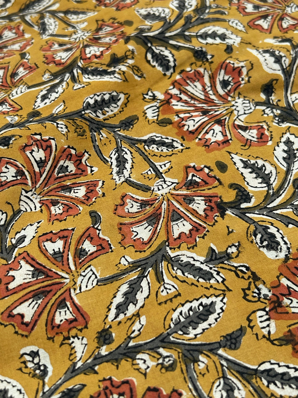 Pedana Hand Block Printed Kalamkari Natural Dyed Cotton - Mustard (3m)