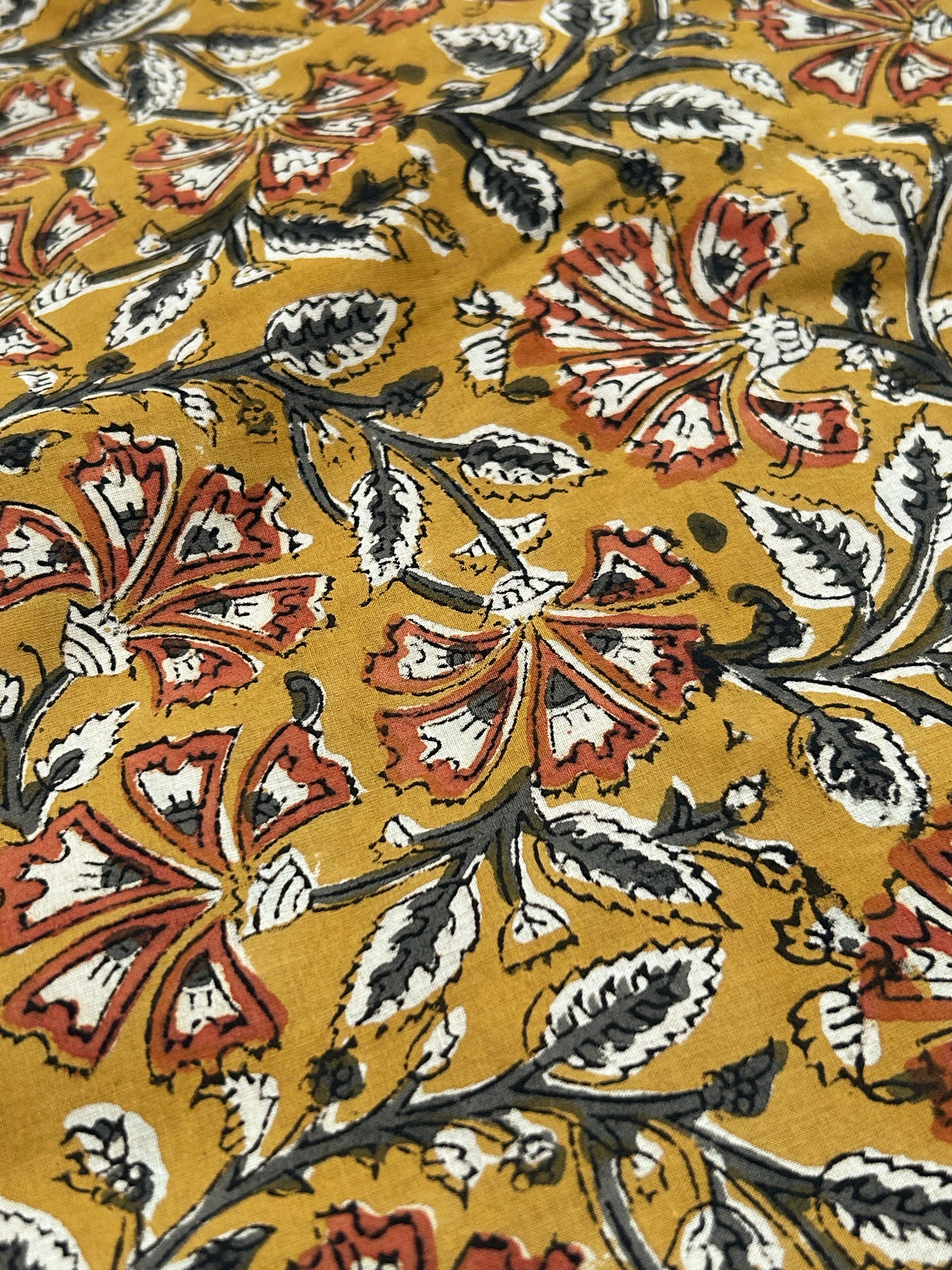 Pedana Hand Block Printed Kalamkari Natural Dyed Cotton - Mustard (3m)