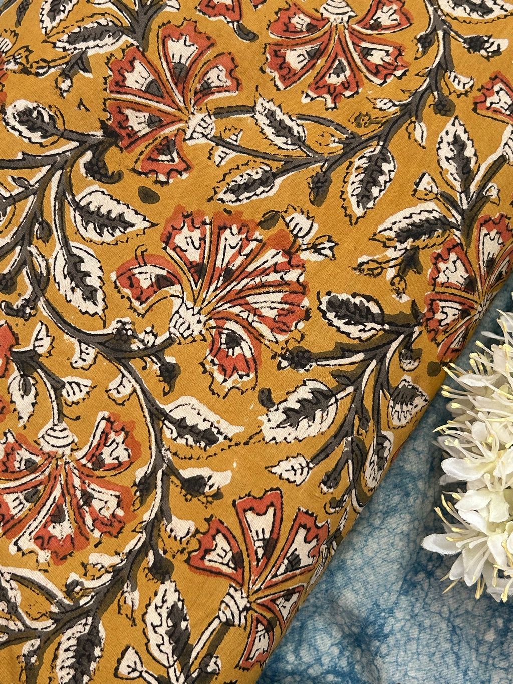 Pedana Hand Block Printed Kalamkari Natural Dyed Cotton - Mustard (3m)
