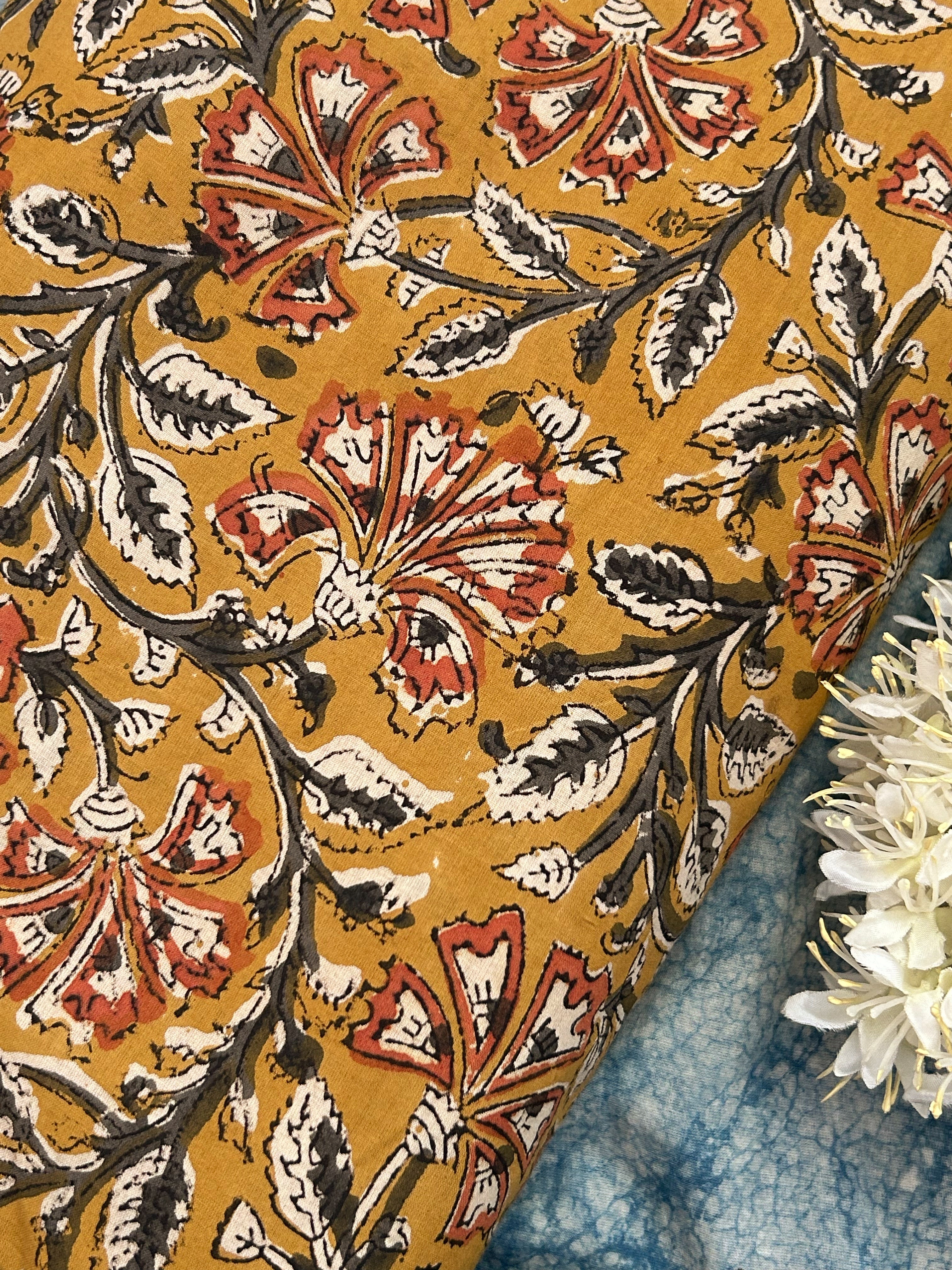 Pedana Hand Block Printed Kalamkari Natural Dyed Cotton - Mustard (3m)
