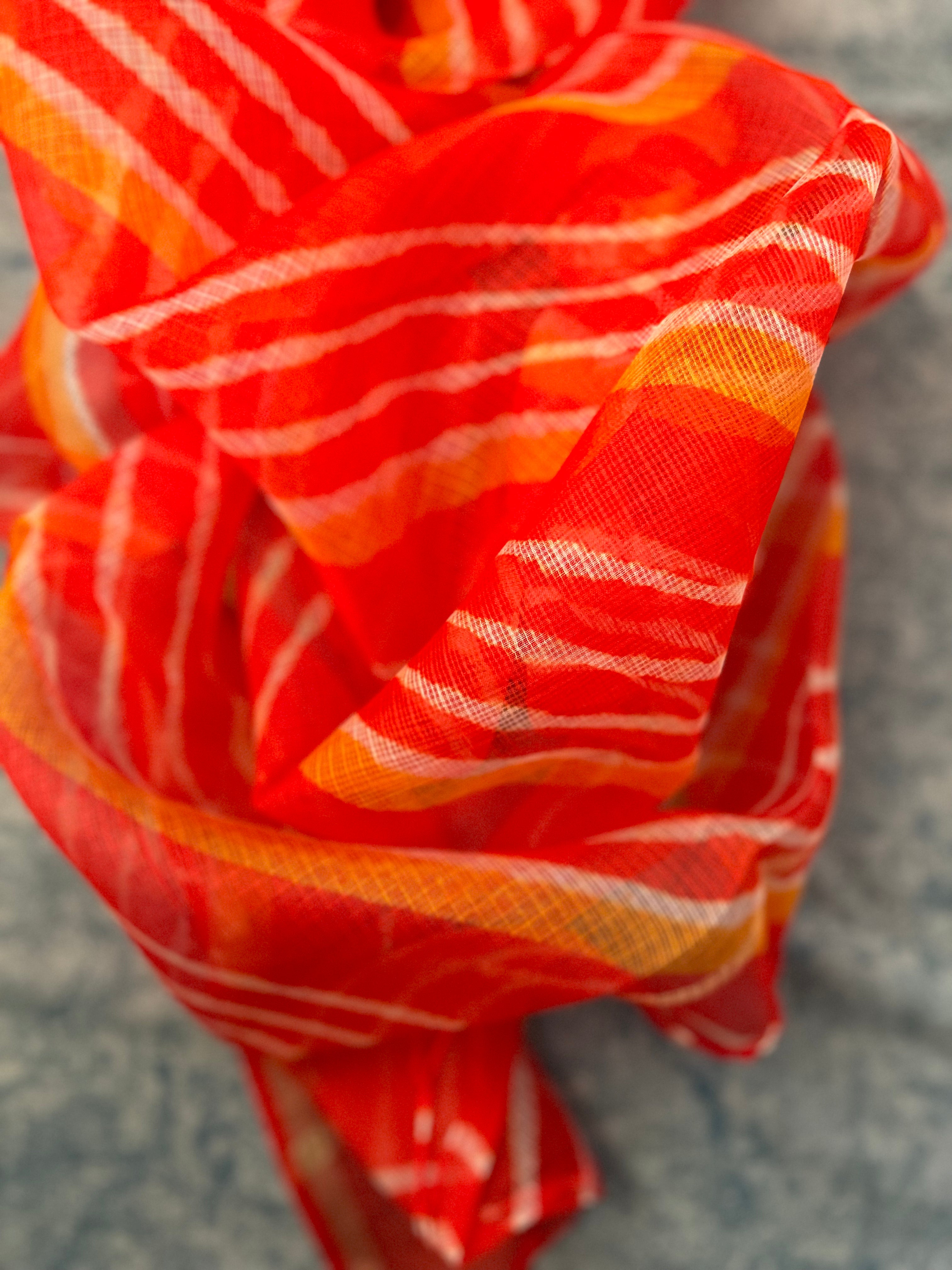 Handcrafted Tie-Dye Silk Kota Doria Dupatta - Orange & Haldi Yellow