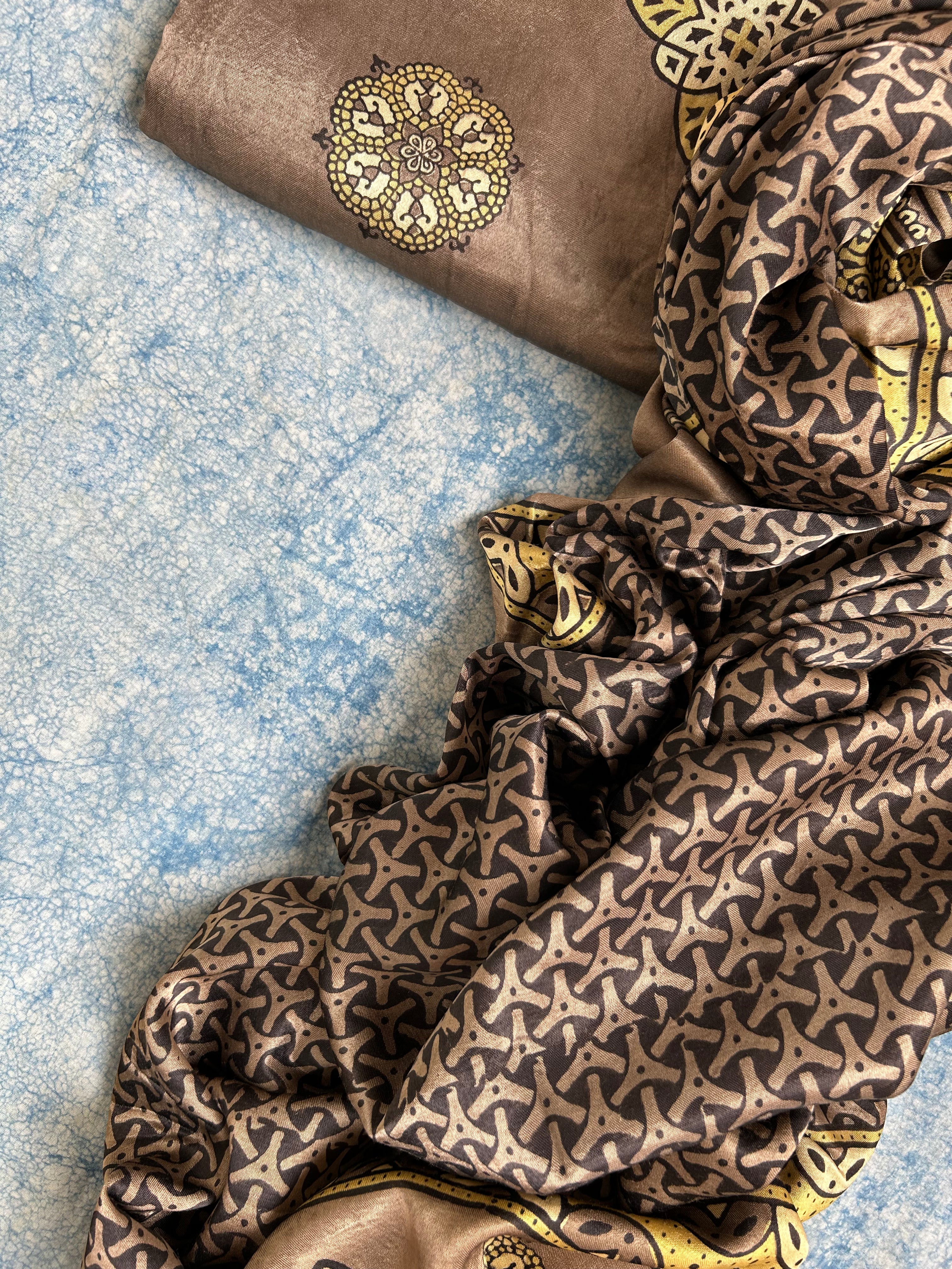 Hand Block Natural Dyes Ajrakh Mashru Silk Kurta Dupatta Set