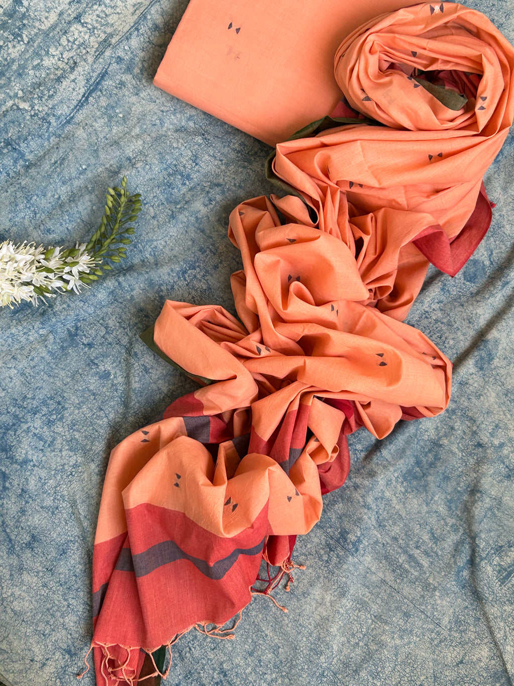 Roses are Peach - Handwoven Bengal Jamdani Kurta Dupatta set