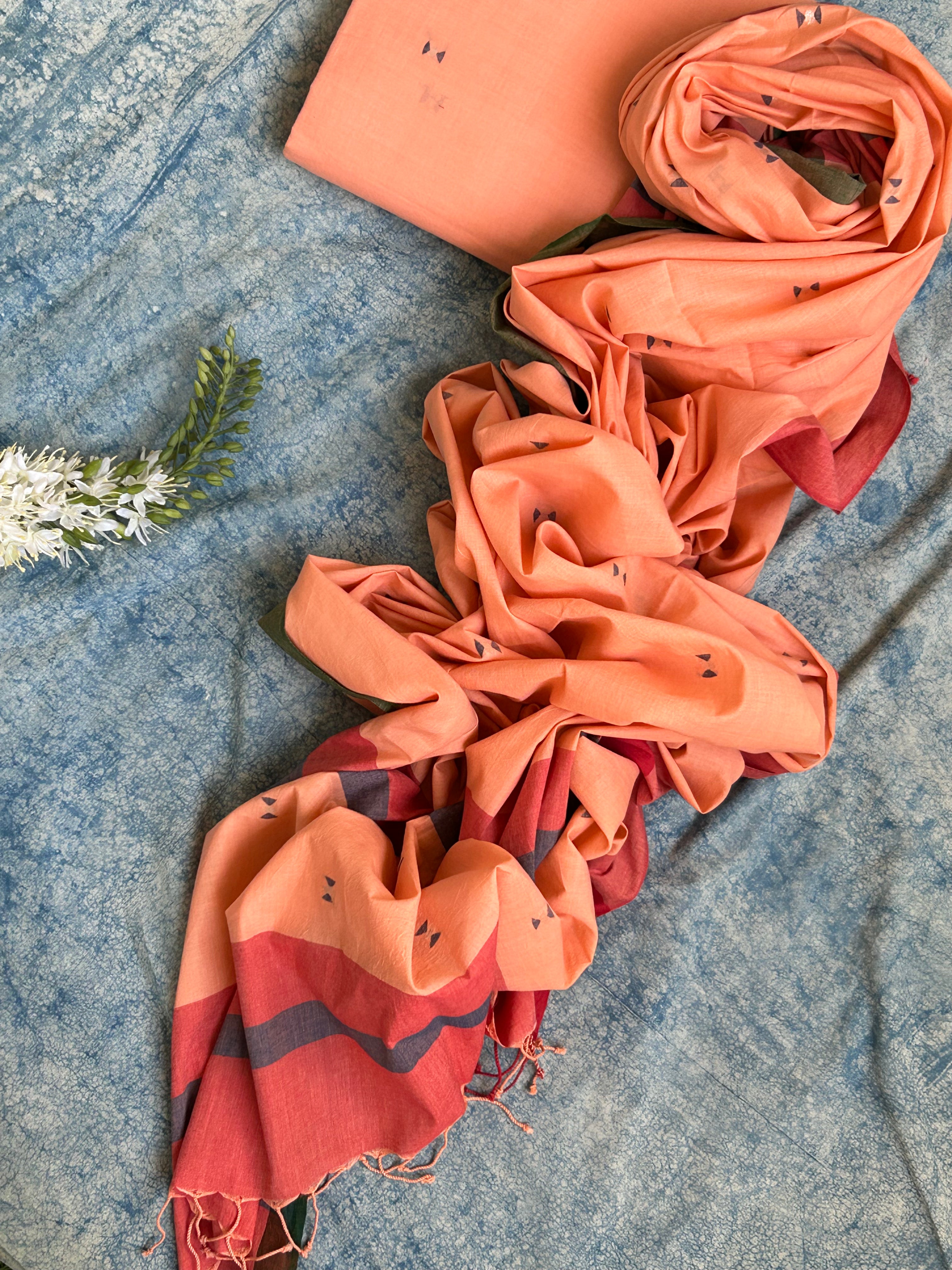Roses are Peach - Handwoven Bengal Jamdani Kurta Dupatta set