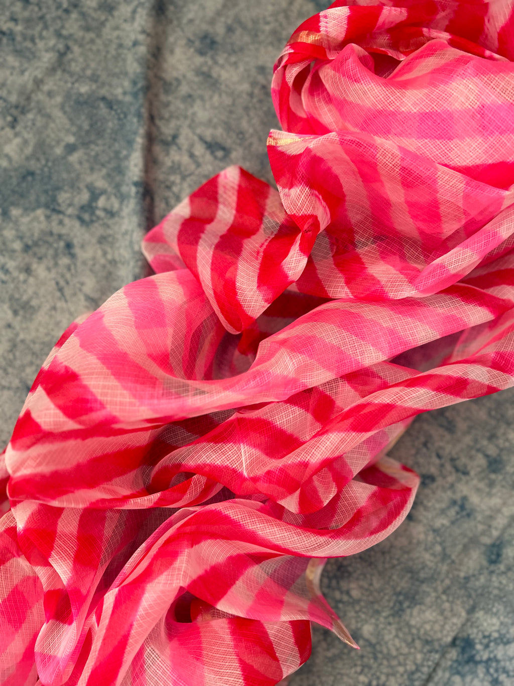 Handcrafted Tie-Dye Silk Kota Doria Dupatta - Candy Floss Pink