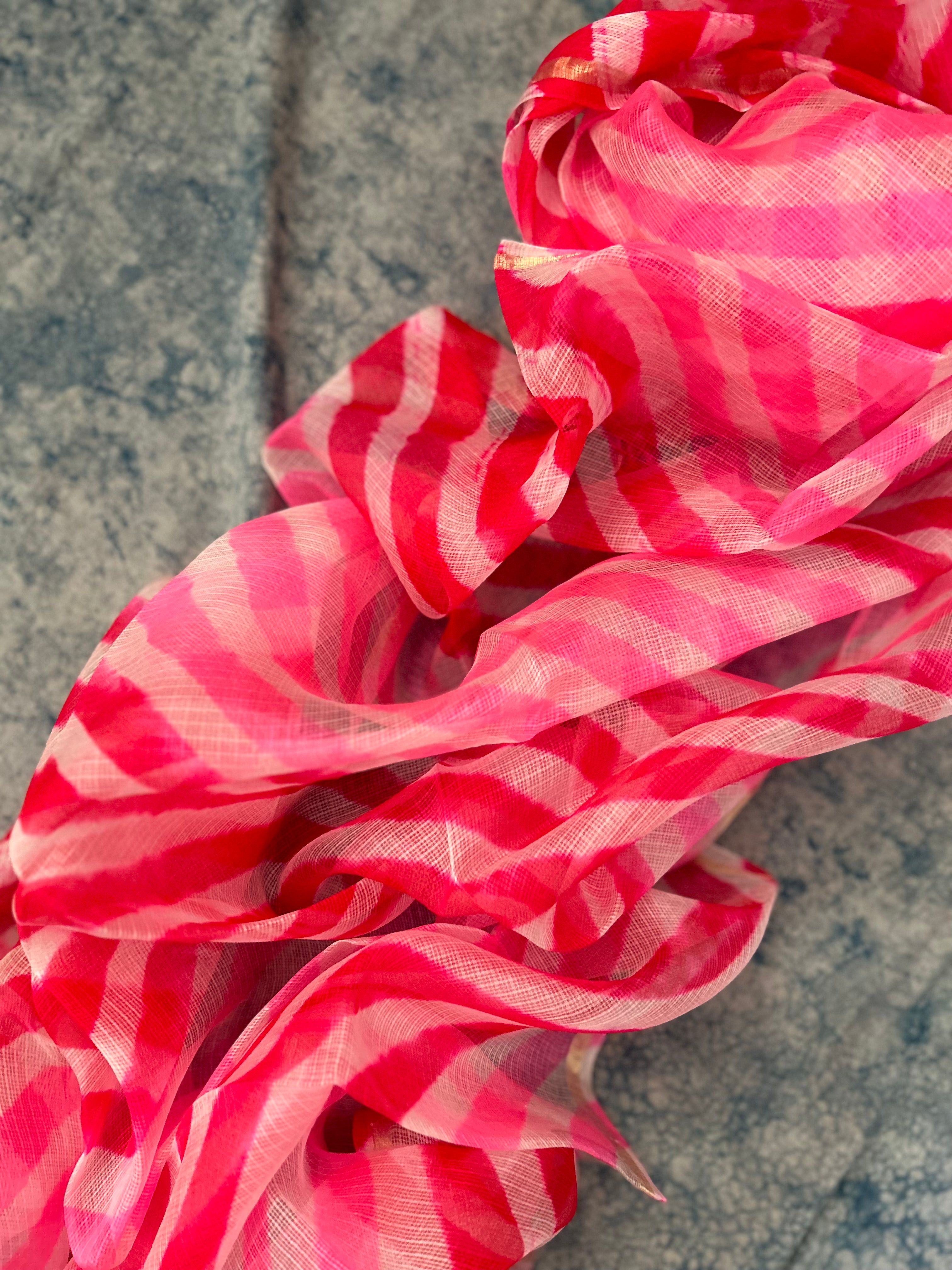 Handcrafted Tie-Dye Silk Kota Doria Dupatta - Candy Floss Pink