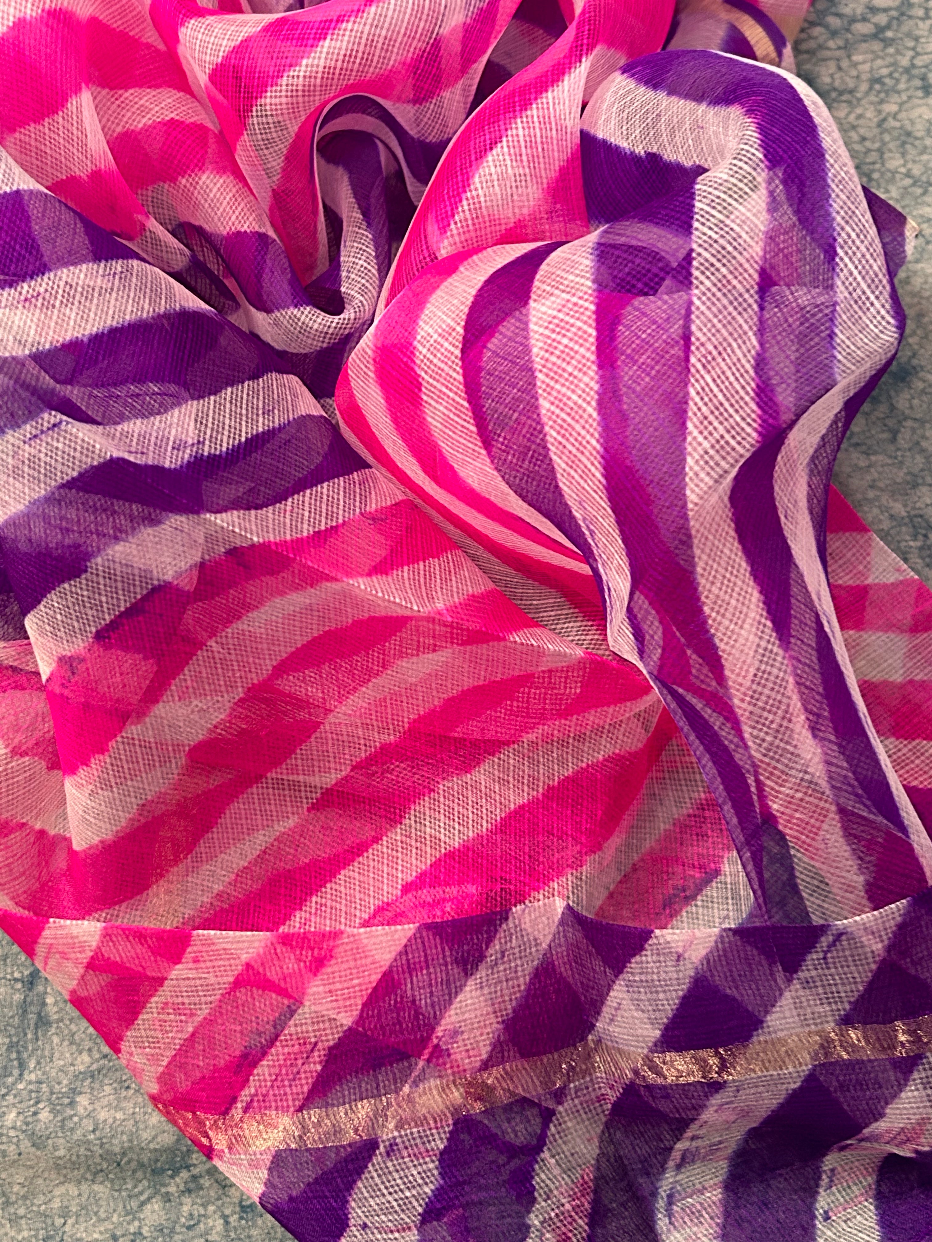 Handcrafted Tie-Dye Silk Kota Doria Dupatta - Pink & Purple