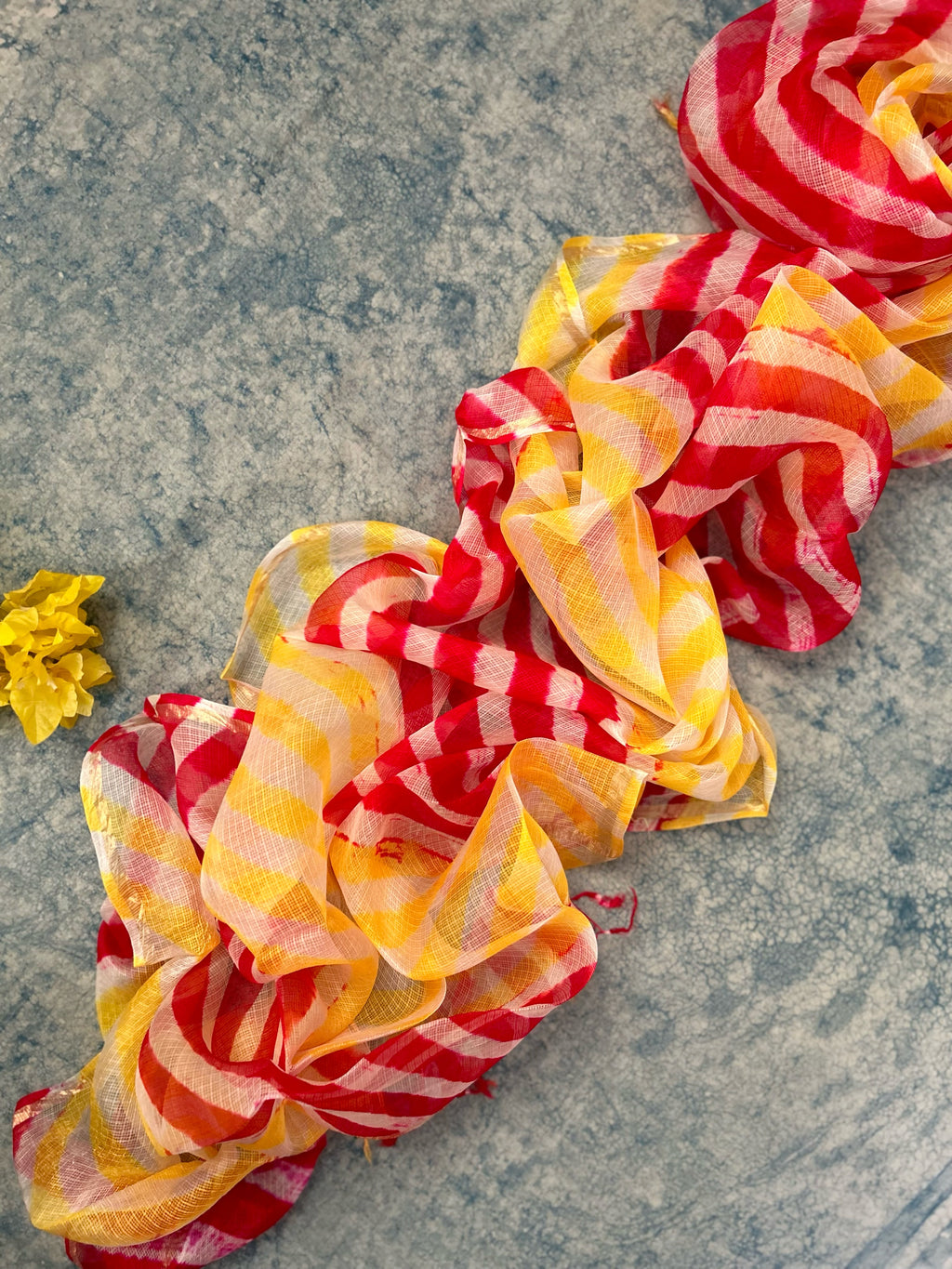 Handcrafted Tie-Dye Silk Kota Doria Dupatta -Yellow & Red