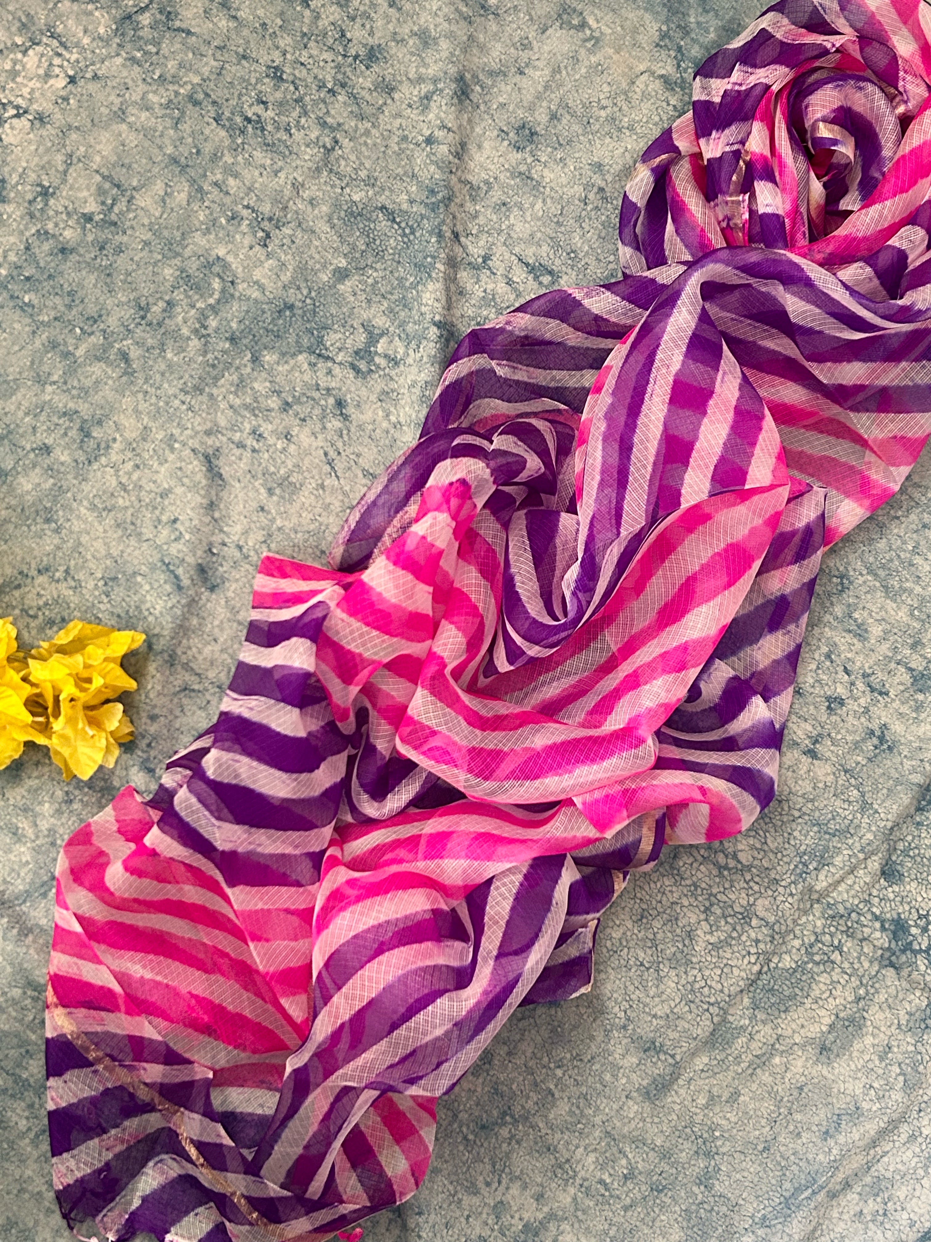 Handcrafted Tie-Dye Silk Kota Doria Dupatta - Pink & Purple