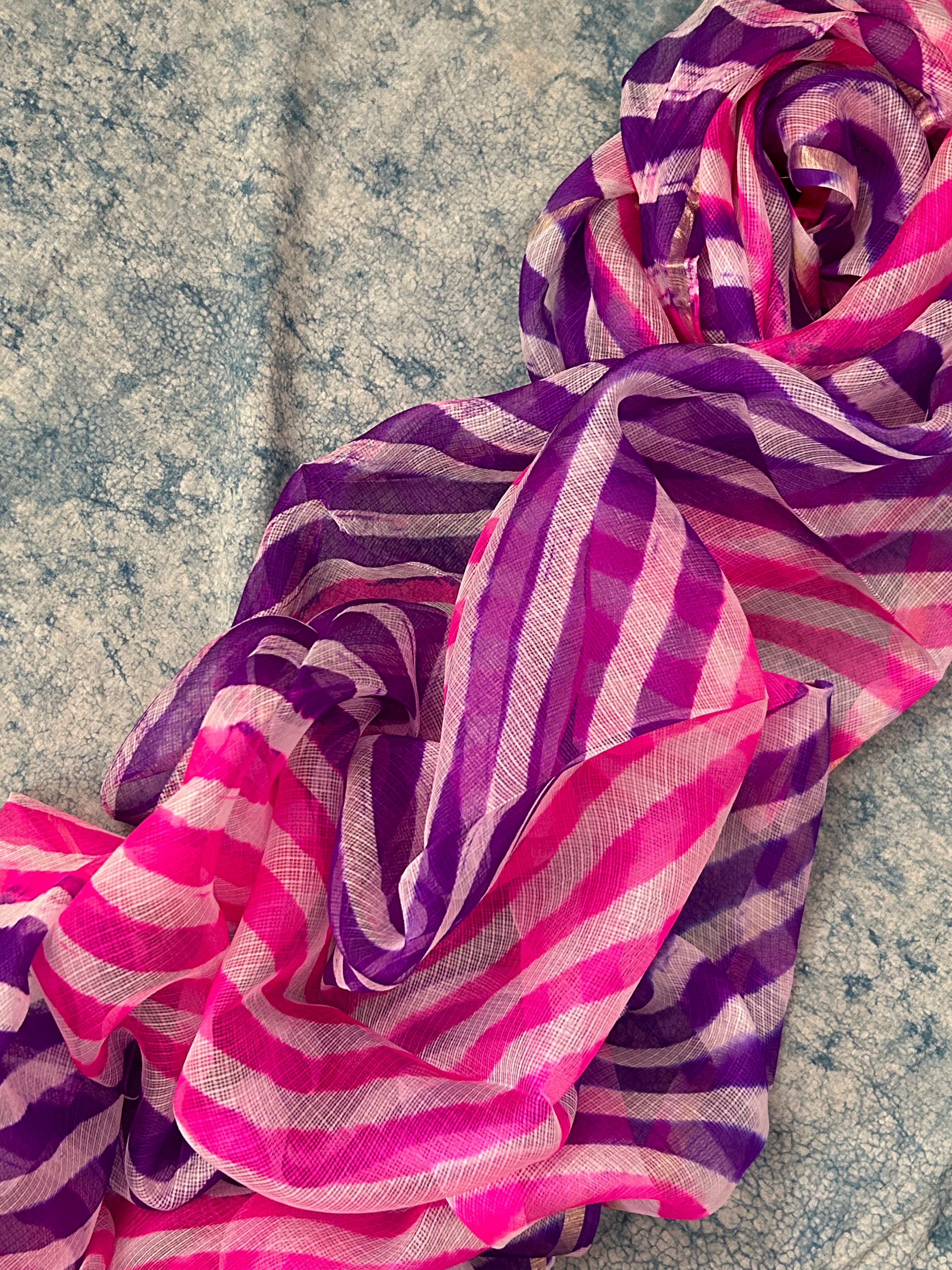 Handcrafted Tie-Dye Silk Kota Doria Dupatta - Pink & Purple