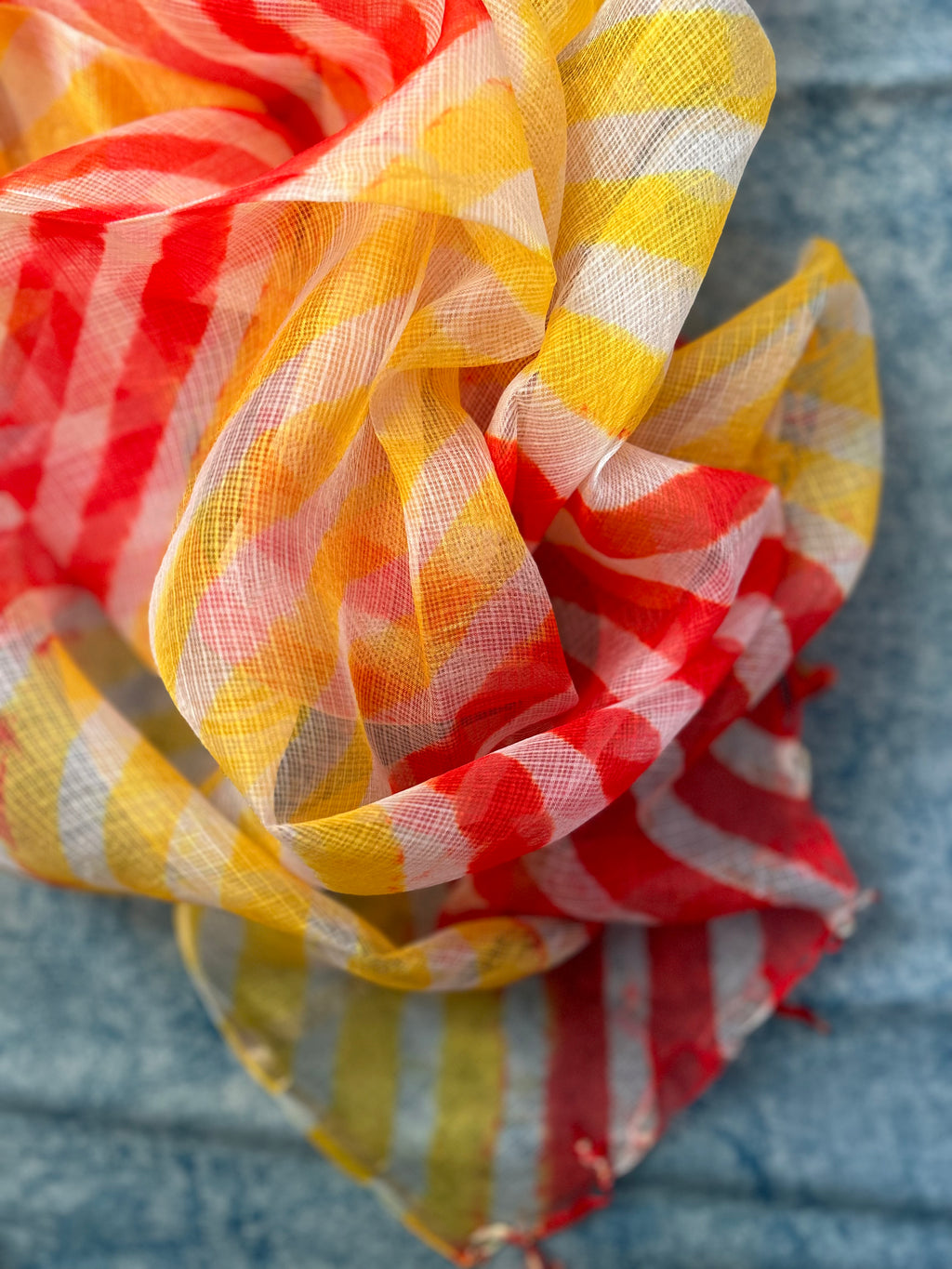 Handcrafted Tie-Dye Silk Kota Doria Dupatta -Yellow, Orange & Red