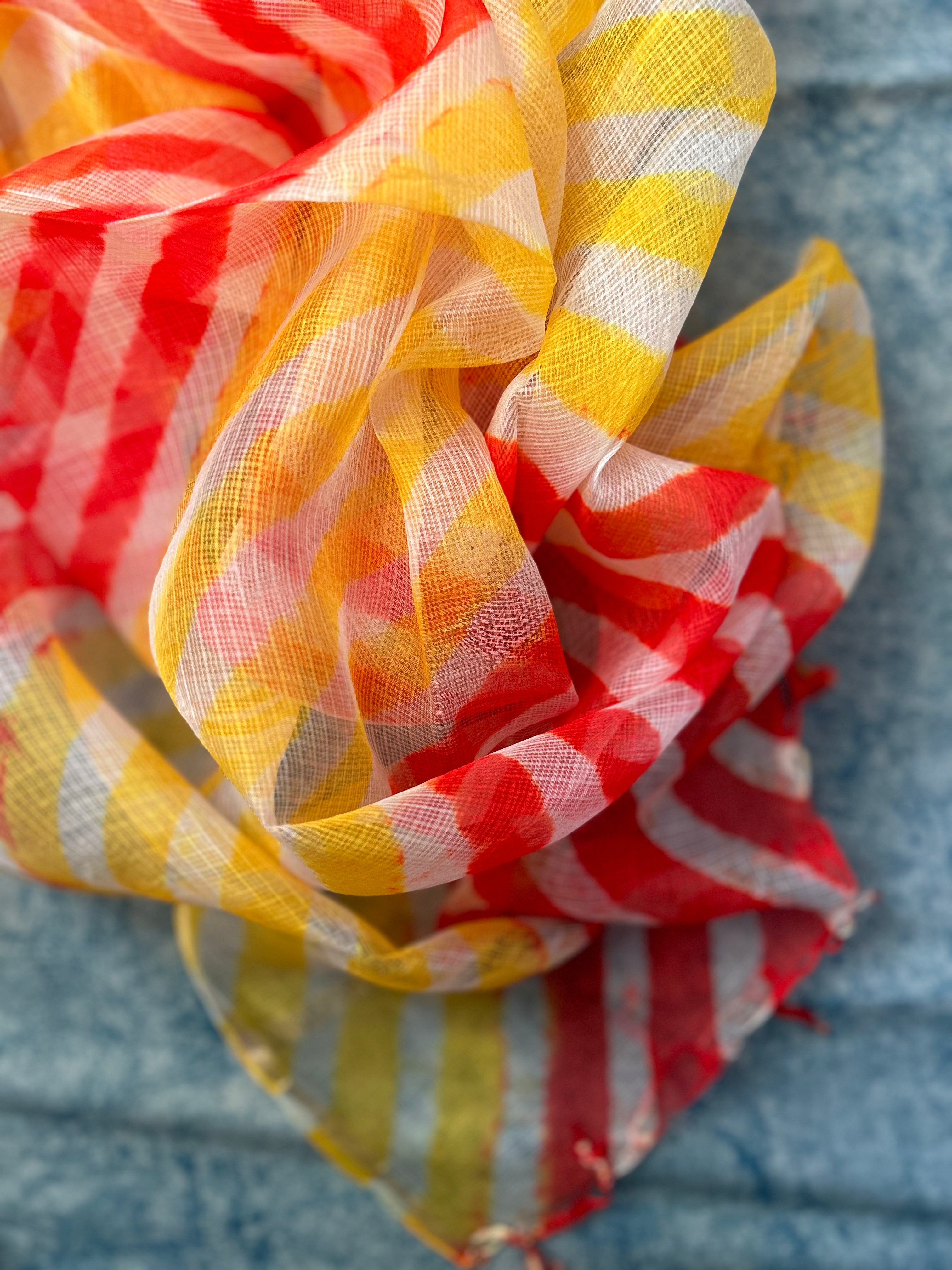 Handcrafted Tie-Dye Silk Kota Doria Dupatta -Yellow, Orange & Red
