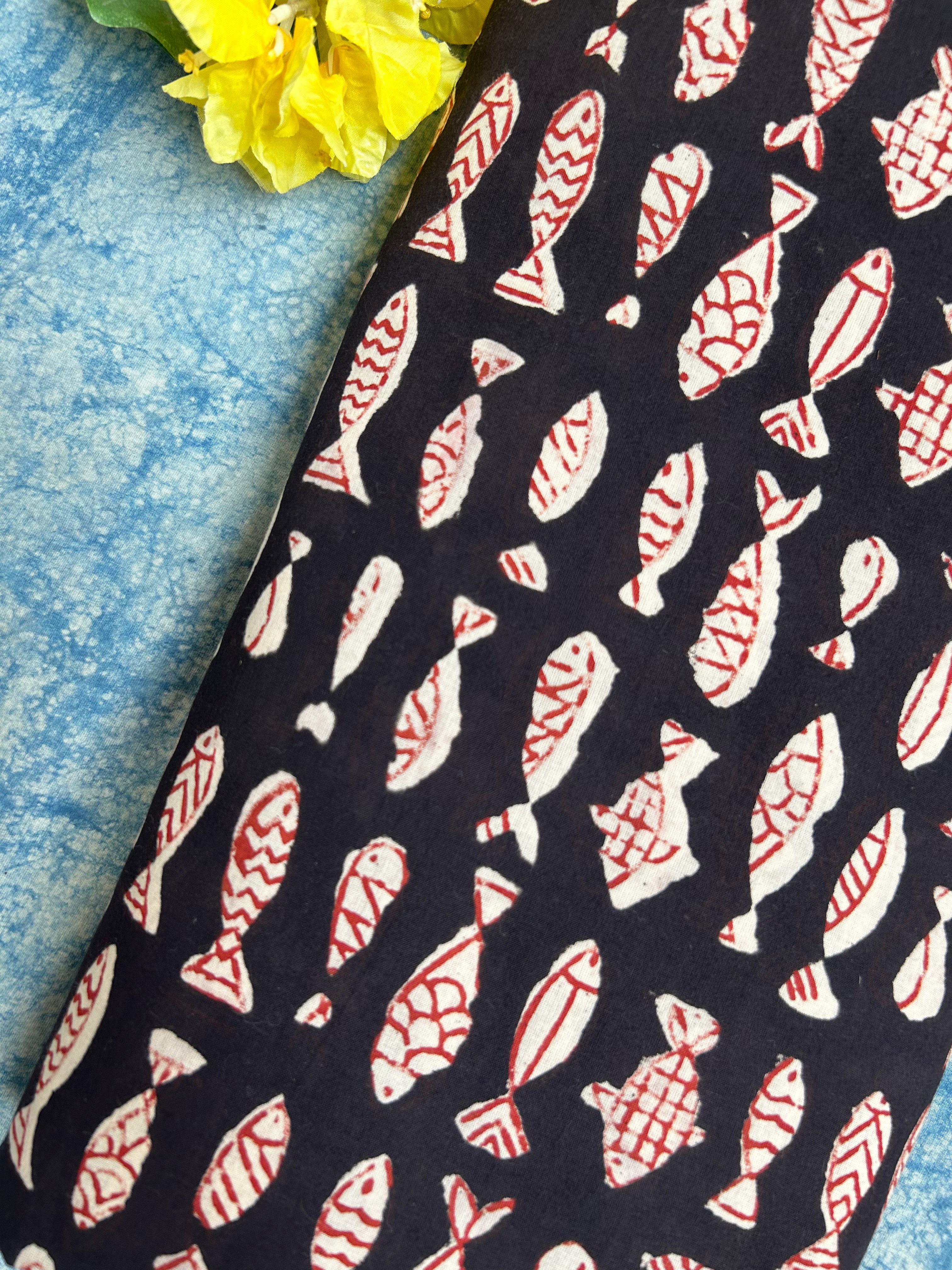 Bagru Handblock Cotton - Black & Red Fish