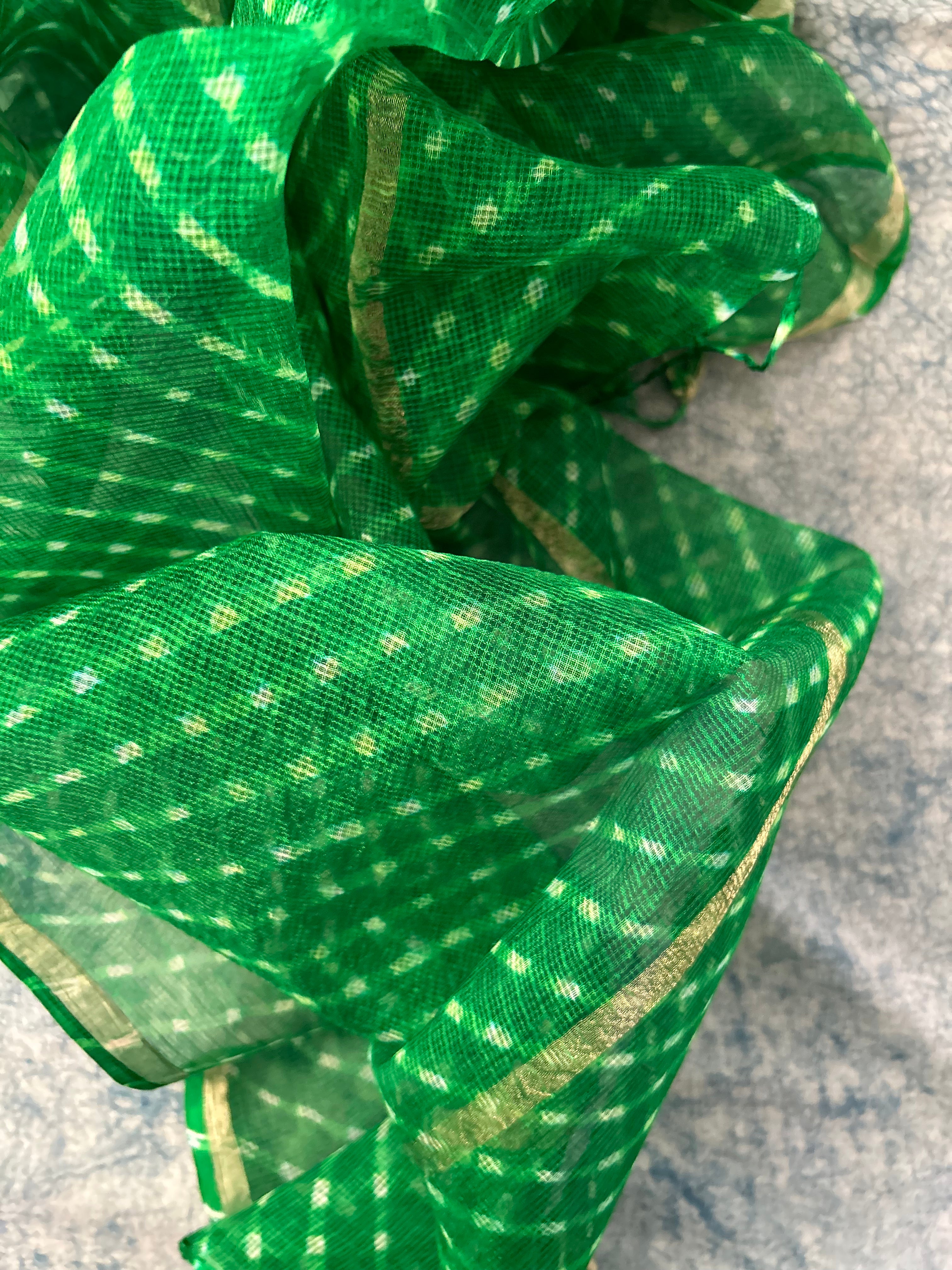 Handcrafted Tie-Dye Silk Kota Doria Dupatta -Green