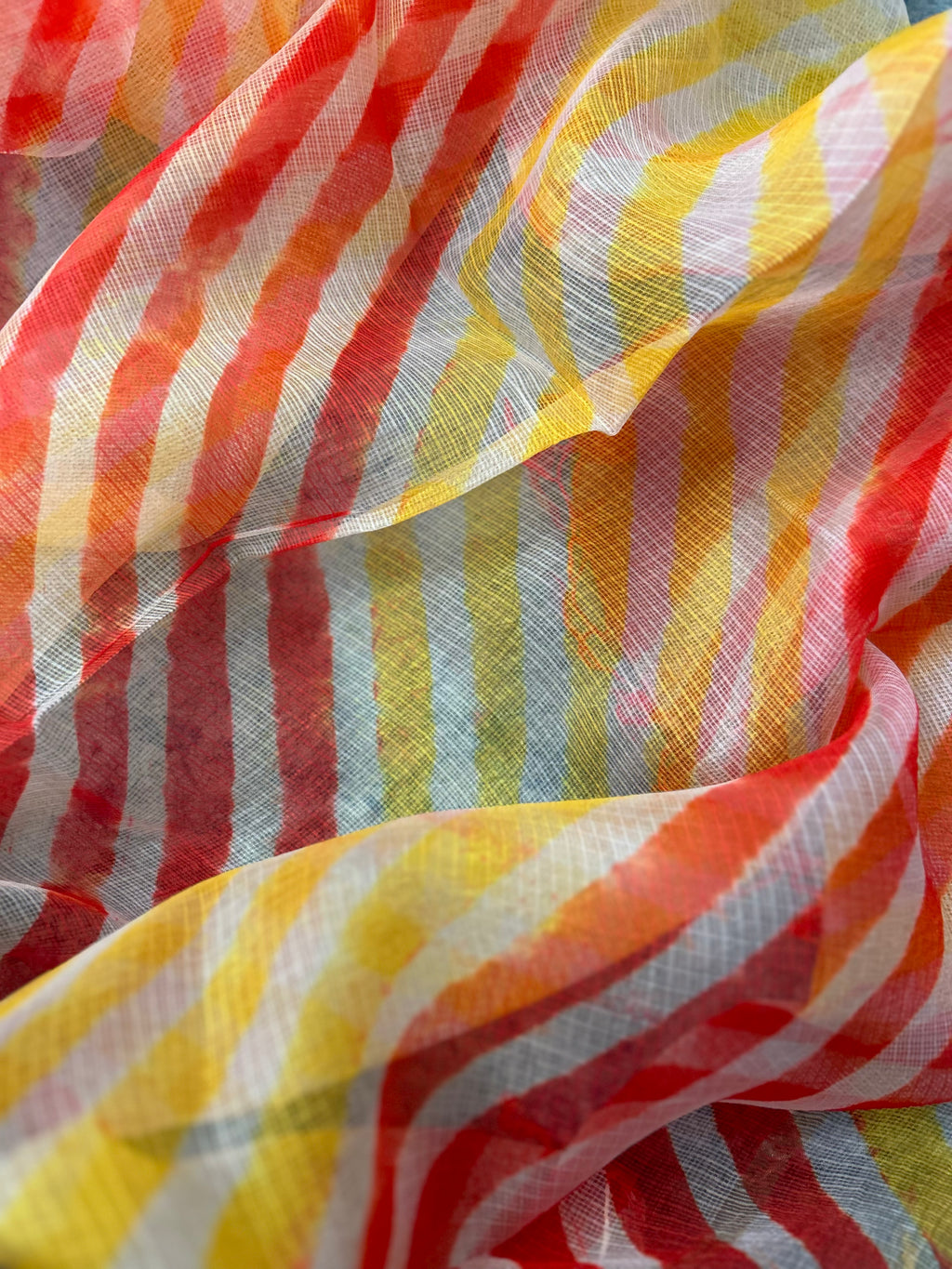 Handcrafted Tie-Dye Silk Kota Doria Dupatta -Yellow, Orange & Red