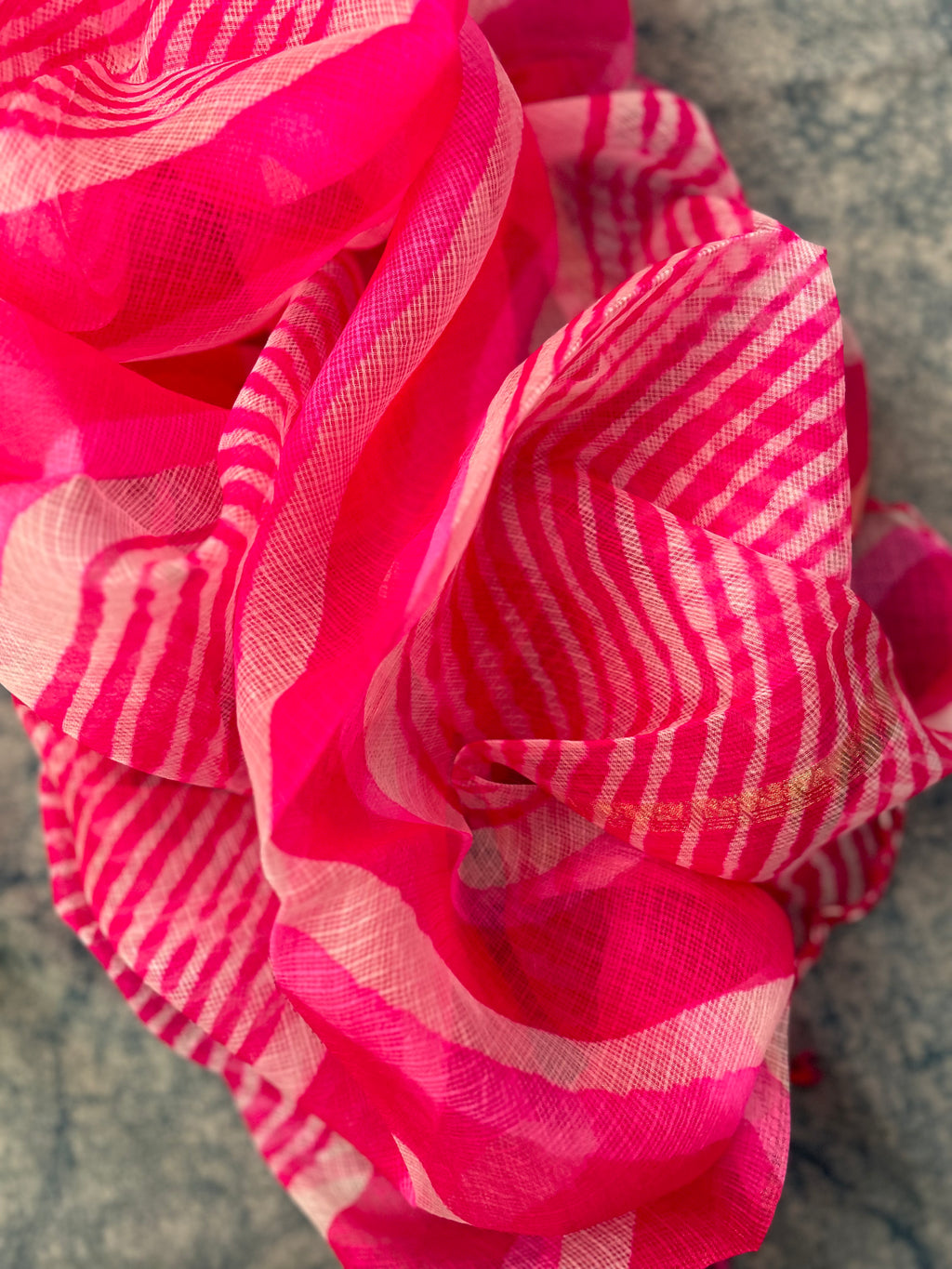 Handcrafted Tie-Dye Silk Kota Doria Dupatta - Fuschia Pink