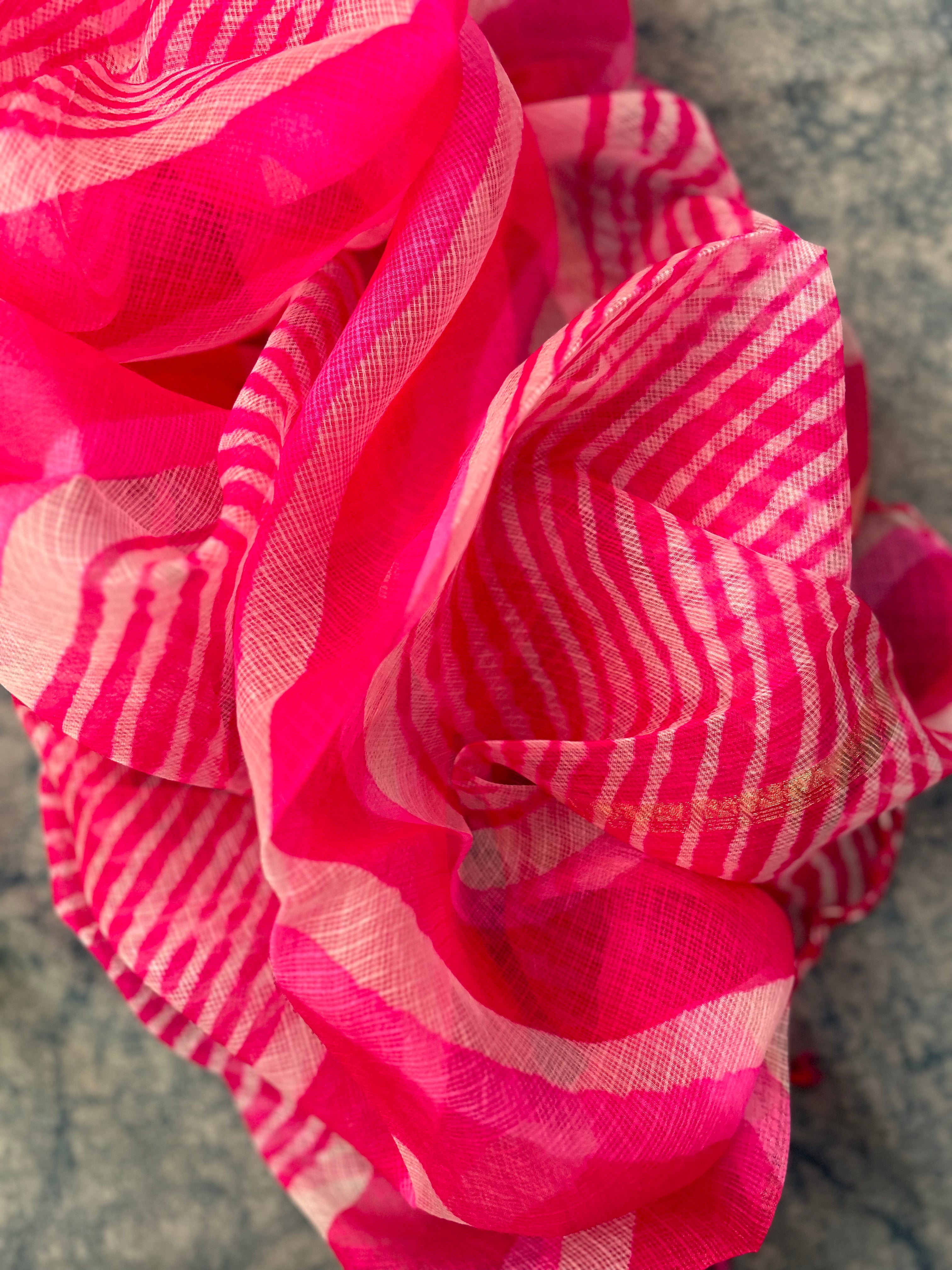 Handcrafted Tie-Dye Silk Kota Doria Dupatta - Fuschia Pink