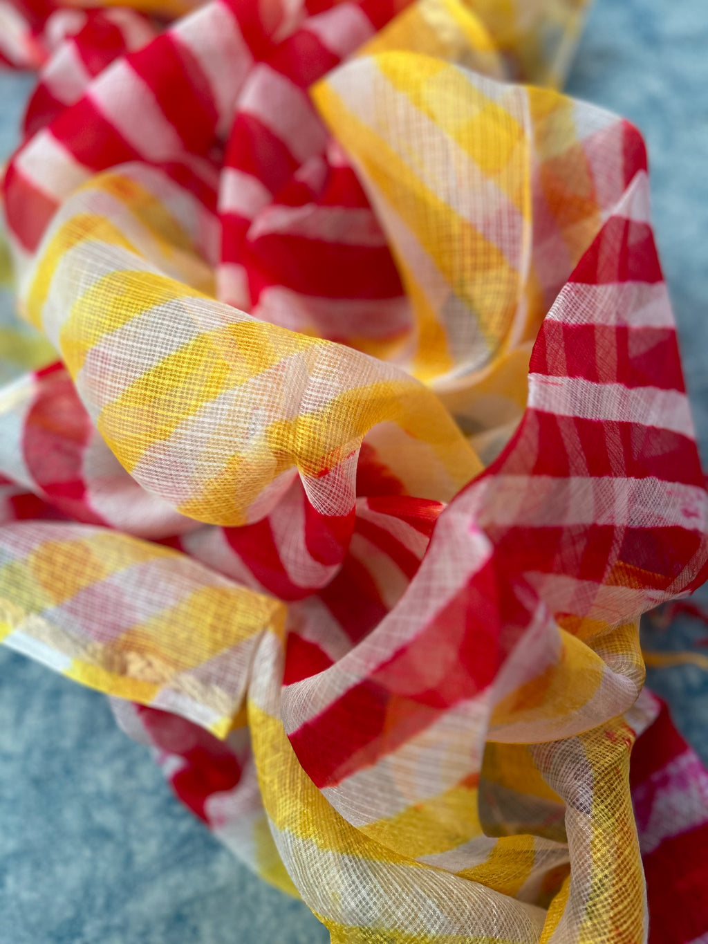 Handcrafted Tie-Dye Silk Kota Doria Dupatta -Yellow & Red