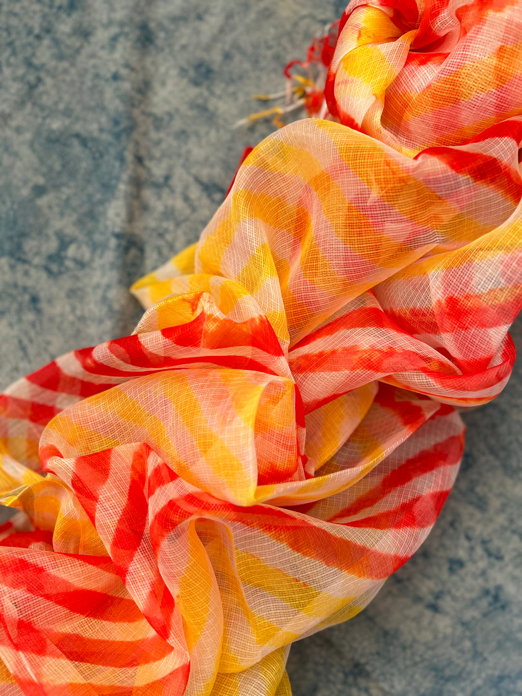 Handcrafted Tie-Dye Silk Kota Doria Dupatta -Yellow, Orange & Red
