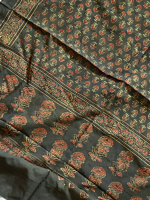 Handblock Ajrakh Cotton Dupatta - Bottle Green