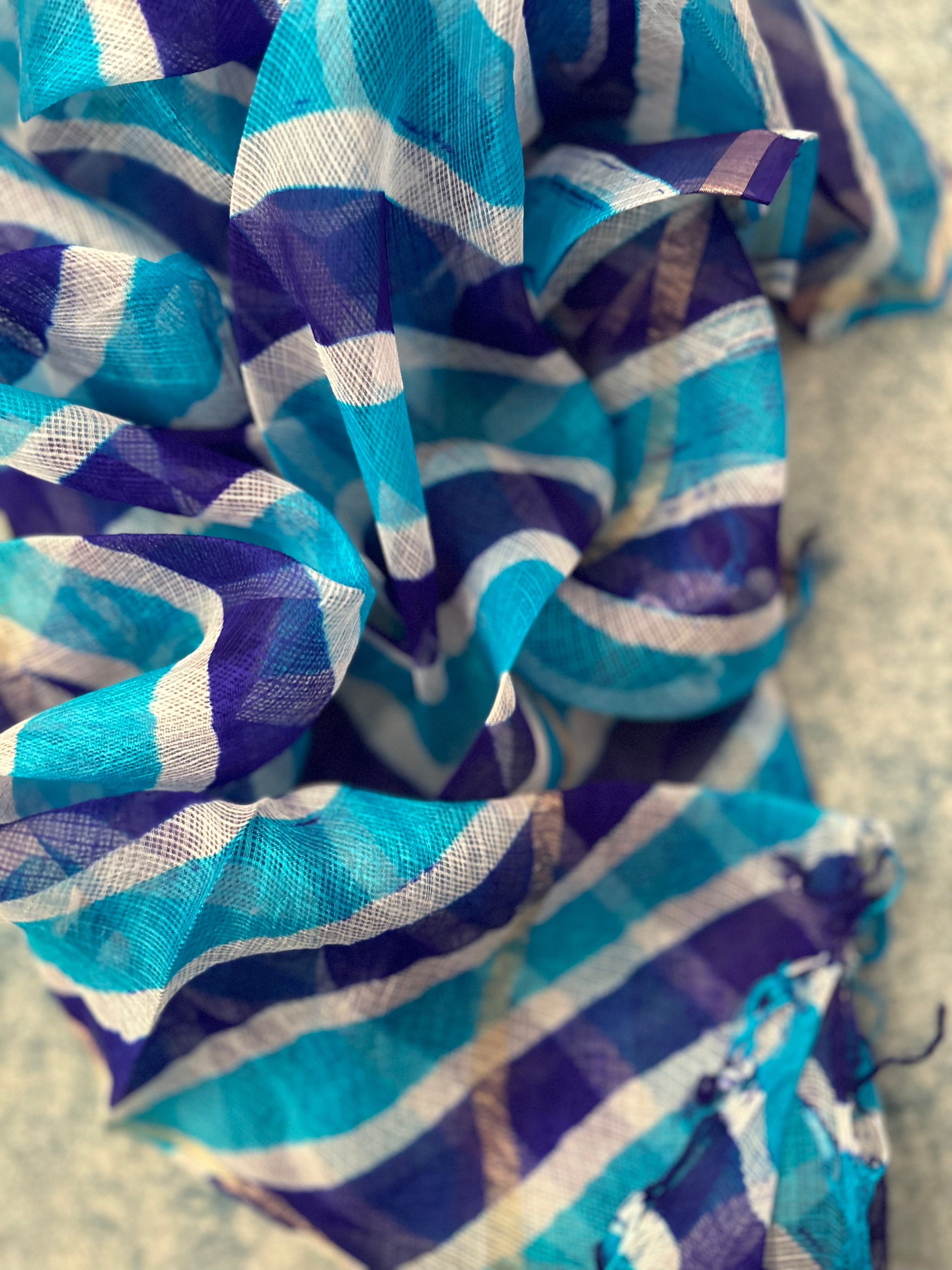 Handcrafted Tie-Dye Silk Kota Doria Dupatta - Blue