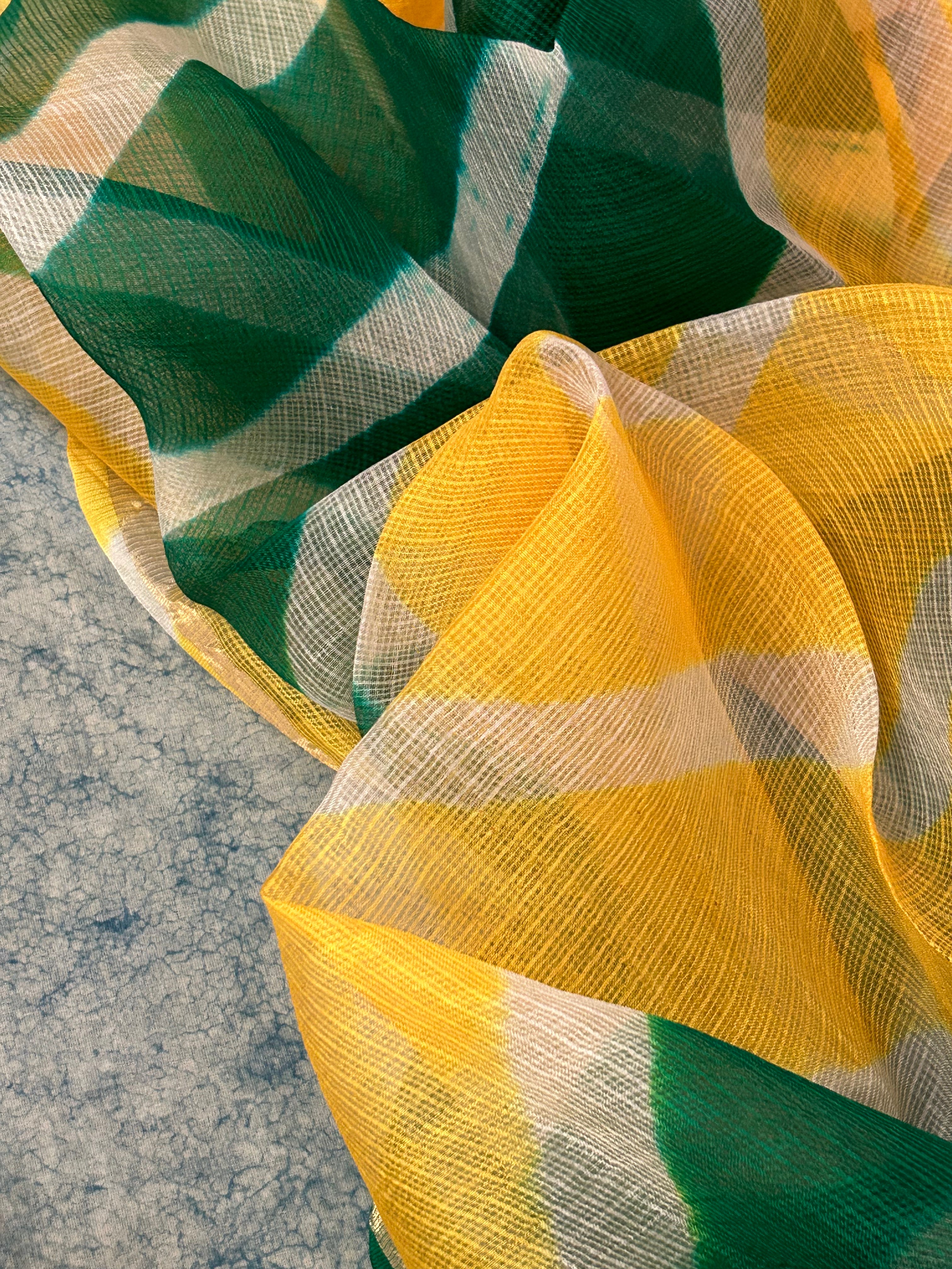 Handcrafted Tie-Dye Silk Kota Doria Dupatta -Yellow & Green